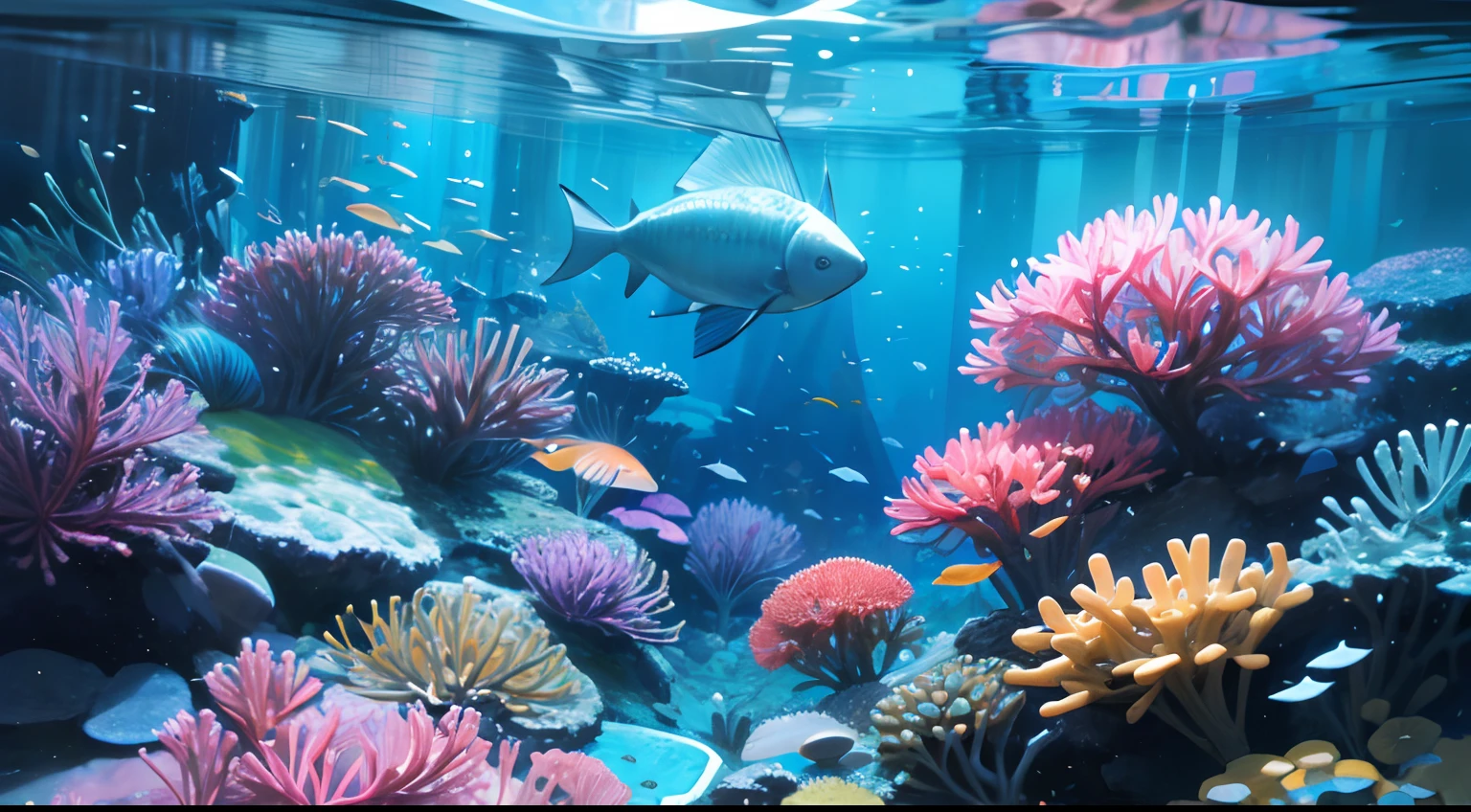 (La mejor calidad,4k,8k,Altas Resoluciones,Obra maestra:1.2),Ultra detallado,(realista,fotorrealista,fotorrealista:1.37),Escena submarina,coloridos arrecifes de coral,peces tropicales,aguas cristalinas,Hermosas plantas submarinas,Ambiente sereno,warm sunlight,Reflejos de agua con gas,Diversidad de vida marina,tonos azules tranquilos,Fascinante ecosistema submarino,Conchas marinas ocultas y pastos marinos,Rayos de luz danzantes,Experiencia tranquila e inmersiva,Retratos,Paisaje,Artistas conceptuales,vivid colors,Degradados de color sutiles,Soft lighting,ethereal atmosphere,Vibrante mundo submarino