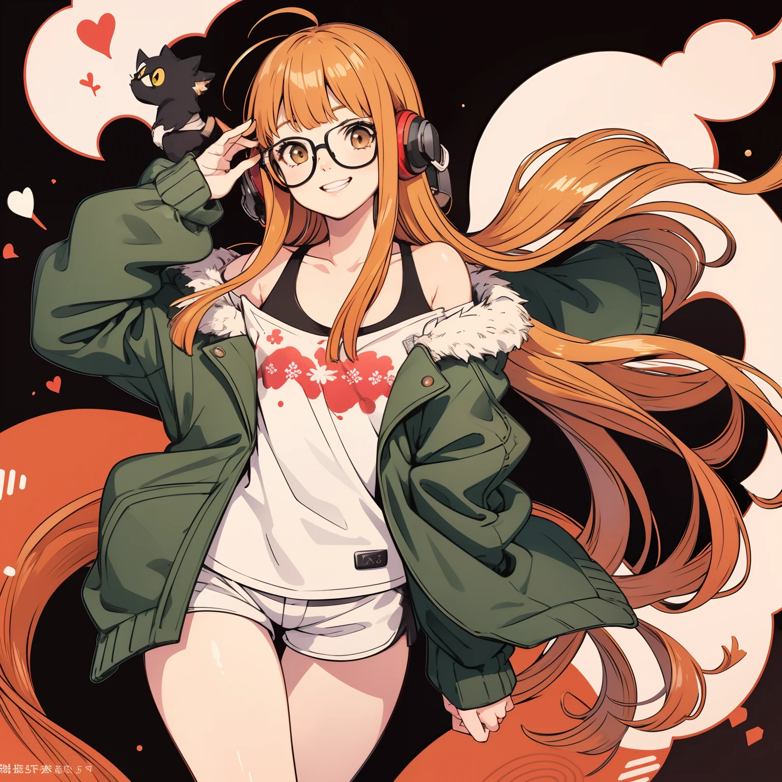 masutepiece, Best Quality, hight resolution,
1girl in, futaba sakura, Blunt bangs, Glasses, black-framed eyewear, Ahoge, Small breasts,A smile that showed teeth、
Glasses,  headphones, behind-the-head headphones, White shirt, Jacket, off shoulders, Fur trim, fur-trimmed jacket,  Green jacket, Shorts, thighs thighs thighs thighs, long boots,
 Cowboy Shot,the golden hour,black cat