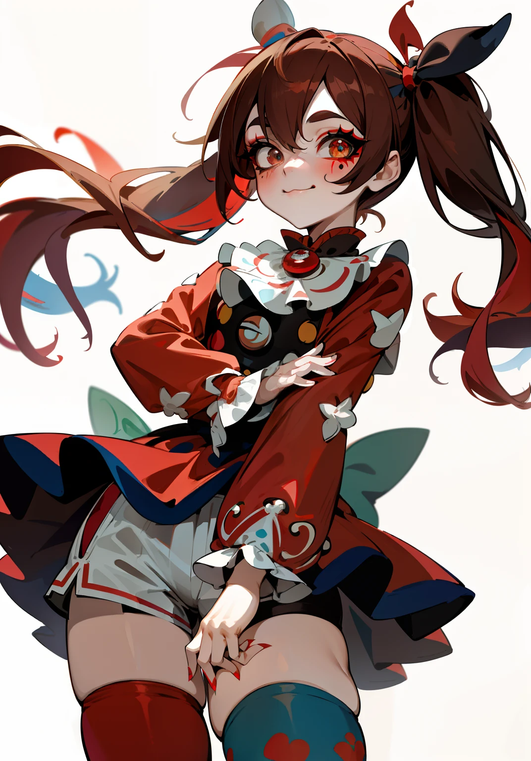 1GIRL, insane clown girl, finely detailed, (best quality), (intricate details), cute style, loli, jester style, multicolored, ((long brown hair in pigtails)), best quality, ((long sleeve shirt and shorts)), ((red and white clothes)), ((jester style clothes)), ((thigh high socks)), ((round eyes)), ((has jester makeup)), beautiful face, happy, cute face, pinup, perfect face, simple background portrait