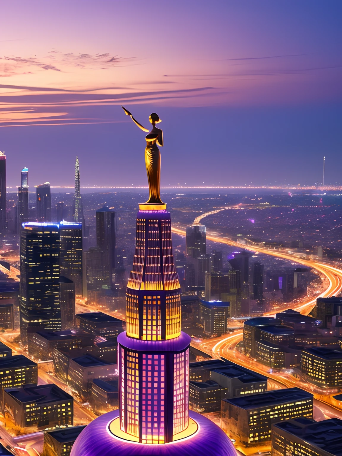 Floating city, copper statue of woman, domed flying city, purple sky, city, skyscrapers, African architecture, turnip shaped city, city flying in the sky