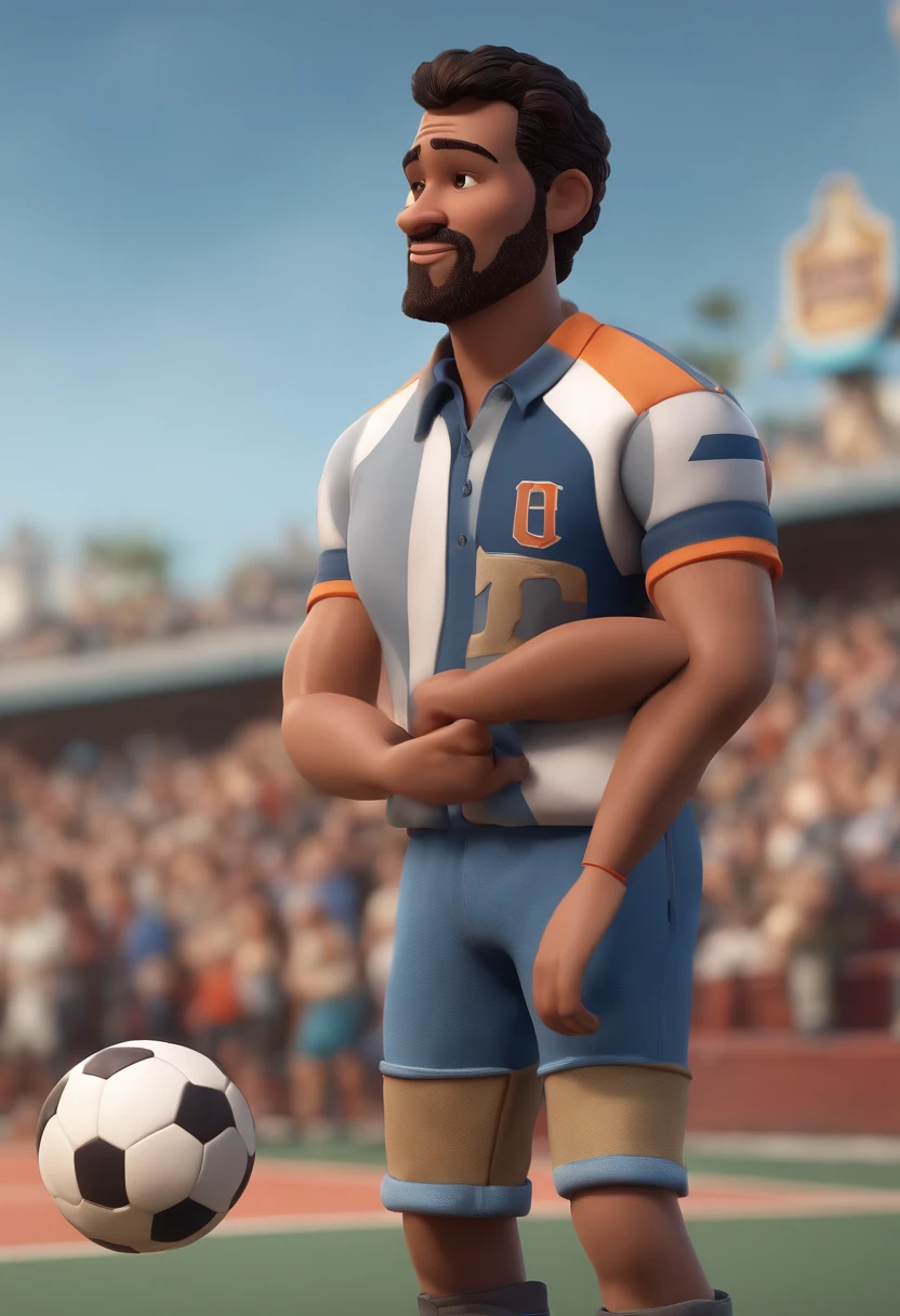A Disney pixar character of a Man with short black hair, with brown eyes, drawn beard, blue t-shirt with a volleyball design, wearing blue jeans pants and black and white nike dunk sneakers and holding a microphone in his hand and a mobile phone in other hand. animation character, Caractere estilizado, animation style rendering, 3D estilizado, Arnold Maya render, 3 d render stylized, toon render keyshot, Personagem 3D, Personagem 3D, 3d rendering stylized, 3d character render, personagem de desenho animado, Personagem de close up, Pose de personagem, (Estilo Pixar) (master part:1.2) (Bokeh) (best quality) (pele detalhada) (textura detalhada) (8k) (argila) (Cinematic lighting) (foco nítido