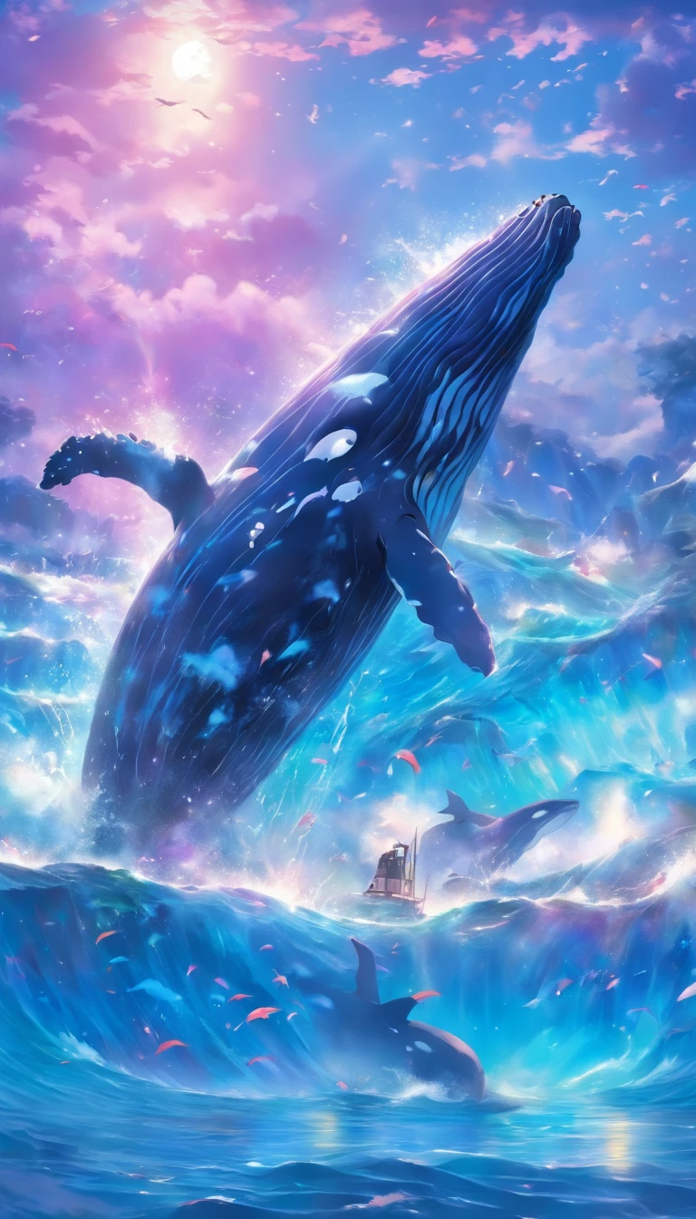whales,nautical mile,Faraway view,Blue-purple,dream magical,k hd , Highly detailed watercolor 8K, highly detailed water colour 8 k,octane,the end,Realistic,8K,Estilo de Makoto Shinkai( reasonable design, 清晰的线条, High- sharpness,Best quality, Very detailed, Master parts, movie light effect, 4K )