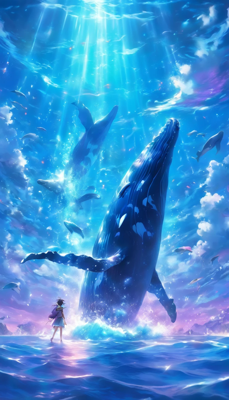 whales,nautical mile,Faraway view,Blue-purple,dream magical,k hd , Highly detailed watercolor 8K, highly detailed water colour 8 k,octane,the end,Realistic,8K,Estilo de Makoto Shinkai( reasonable design, 清晰的线条, High- sharpness,Best quality, Very detailed, Master parts, movie light effect, 4K )