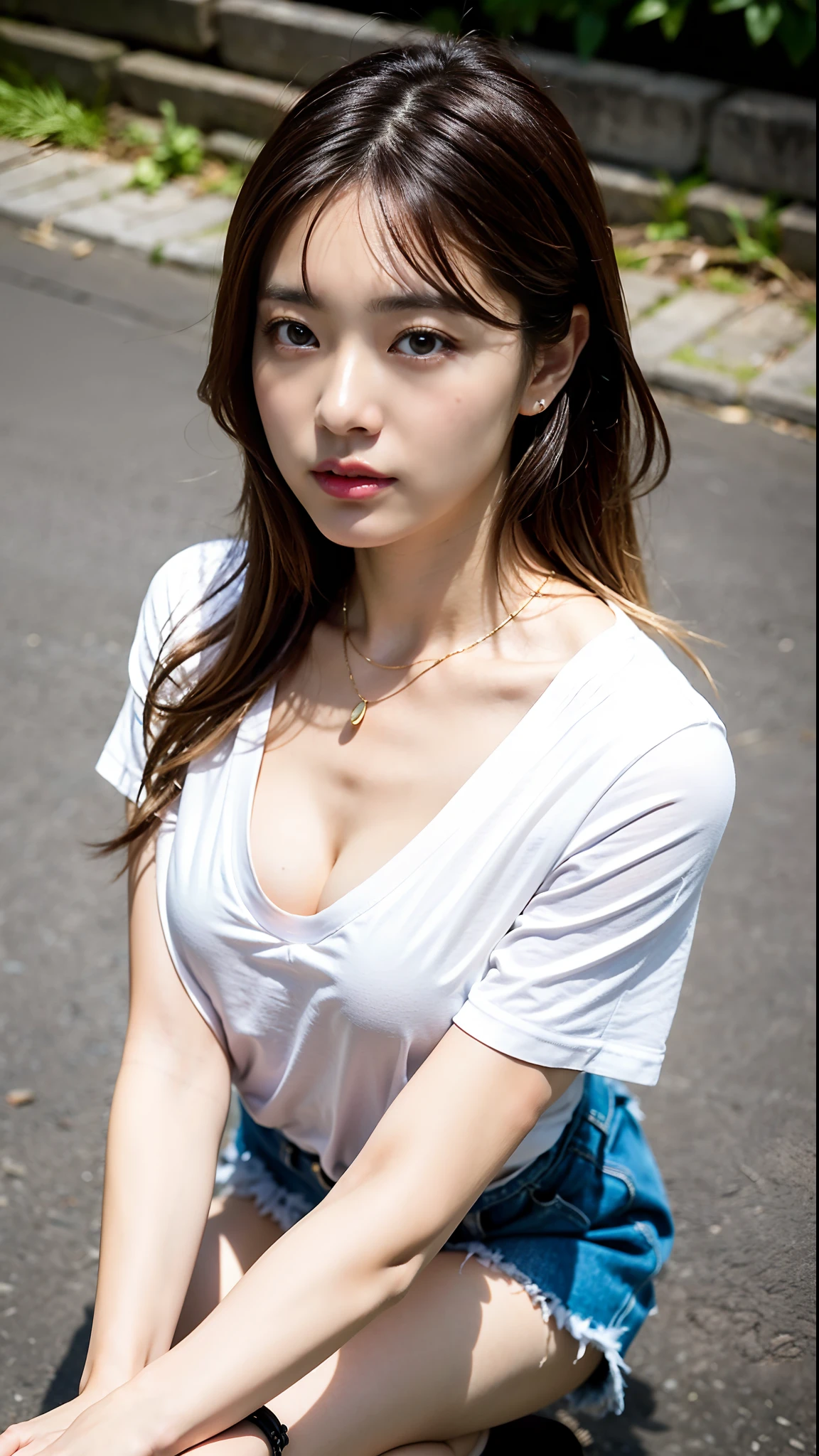(top-quality、8K、32K、masterpiece、nffsw:1.2)、Photo of a cute Japanese woman、1gril、Light Brown Layer Cut、highlights hair、l(Leading Ahead:1.2)、Very small bust、flat breast、crouching down、(From above:1.3)、POV、(Loose-fitting T-shirt:1.1)、(Denim pants:0.8)、a necklace、small tits、plein air、espadrilles、