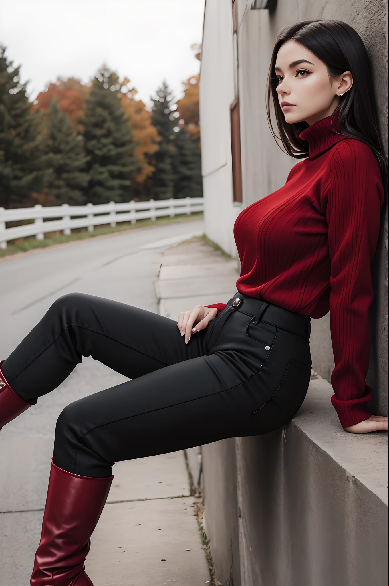 araffe woman sitting on a fence in a red sweater and black boots, wearing a red turtleneck sweater, perfectly poised, casual pose, wearing a red outfit, attractive pose, shot from the side, thoughtful pose, full length shot, striking pose, cinematic full shot, very artistic pose, voluminous sleeves, cool pose, leaning against the wall, very tall woman, black pants