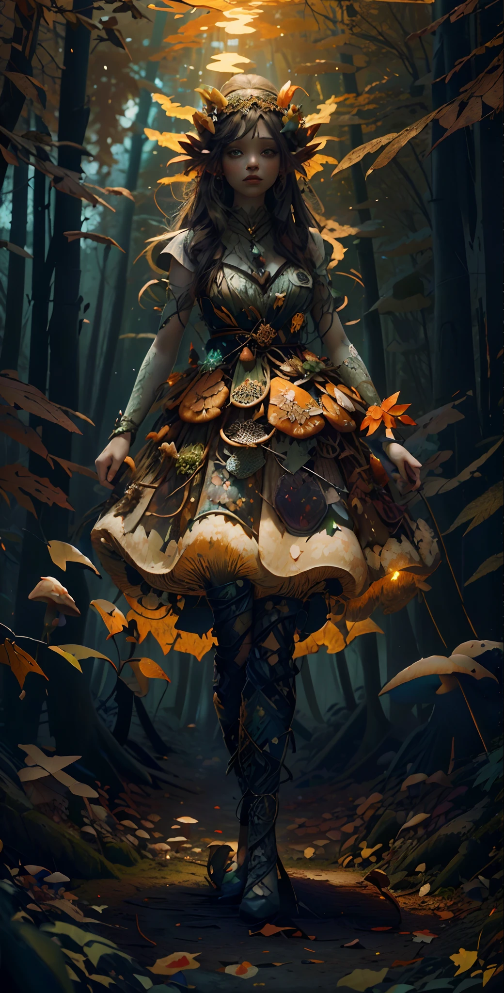 An full body shot of an Elfgirl wearing a subtle autumn multi-color skirt shaped like a mushroom, on her head she wears a crown of autumn leaves twigs and flowers, in a plush autumn forest clearing which is the forest shimmers with an almost faint bioluminescents, dark as night, a lighted forest clearing at evening 8k