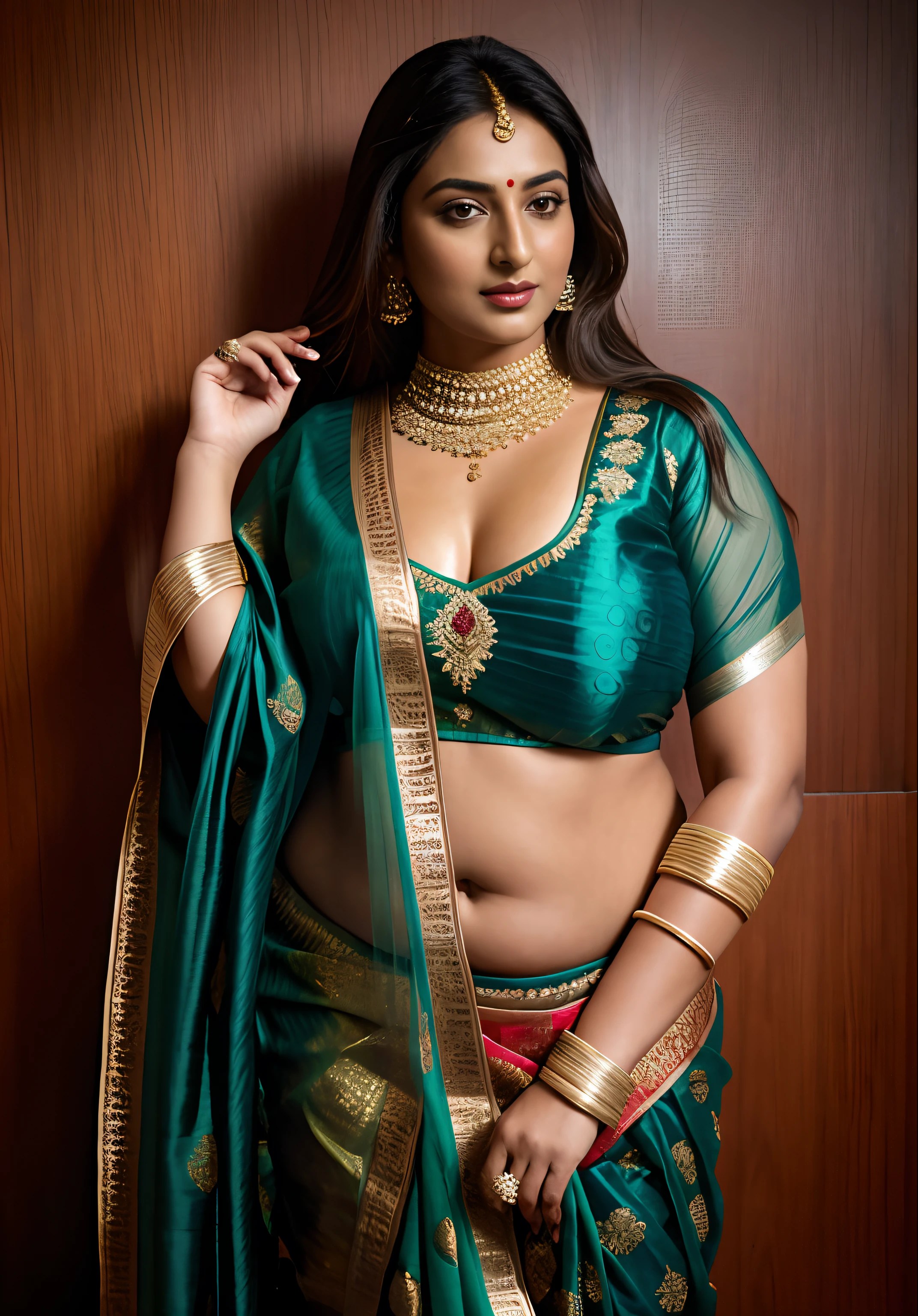 Foto RAW, photorealistic, photography, full body shot, master shot, goddess like beauty, perfect thick chubby mallu Desi aunty bhabhi, Wearing a Stanapatta, a chest-band.Saree model, model Photography, Indian saree shoot, Indian traditional wear advertising photography, traditional wear brand shoot, face of Indian actress Sonakshi Sinha, masterpiece, realistic, realism, incredible details, sensual pleasure, photorealism, detailed skin, skin pores, high contrast, photorealistic Artstation 8k HD digital art trend of high definition and detailed realistic skin texture, ultra detail, realistic skin texture, armature, best quality, ultra high definition, (photorealistic:1.4),, high resolution, detail, raw photo, Re sharp, by Lee Jefferies Nikon D850 Film Stock Photo 4 Kodak Portra 400 Camera F1.6 Lens Rich Color Ultra Real Realistic Realistic Textures Dramatic Lighting Unreal Engine Trending at Art Station Cinestill 800,(pele altamente detalhada: 1.2), 8k UHD, DSLR, soft-lighting, alta qualidade, grain of film, Fujifilm XT3,she didn't like to wear blouse or bra, she is happy to wear only saree, she hates blouse or bra,