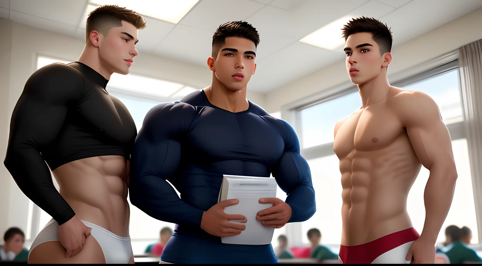 tall hot latino muscular teen male tight clothes in school classroom next to short guys