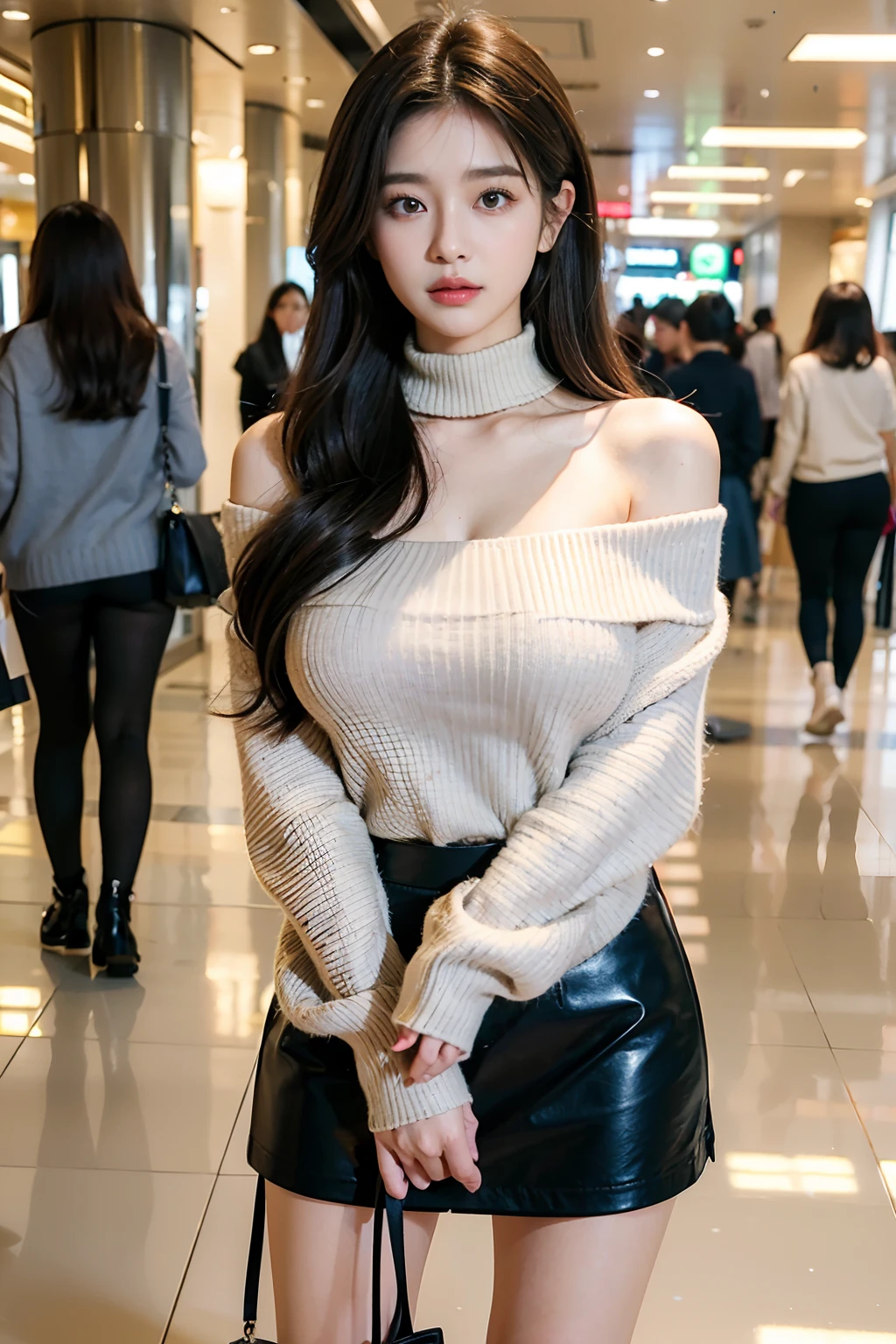top-quality、超A high resolution、(Photorealsitic:1.4)、女の子1人、Brown hair、The long-haired、waved hair、Beige sweater、off shoulders、Black tight skirt、(faded gray hair:1)、(huge-breasted:1.2)、looking at viewert、a closeup、mall