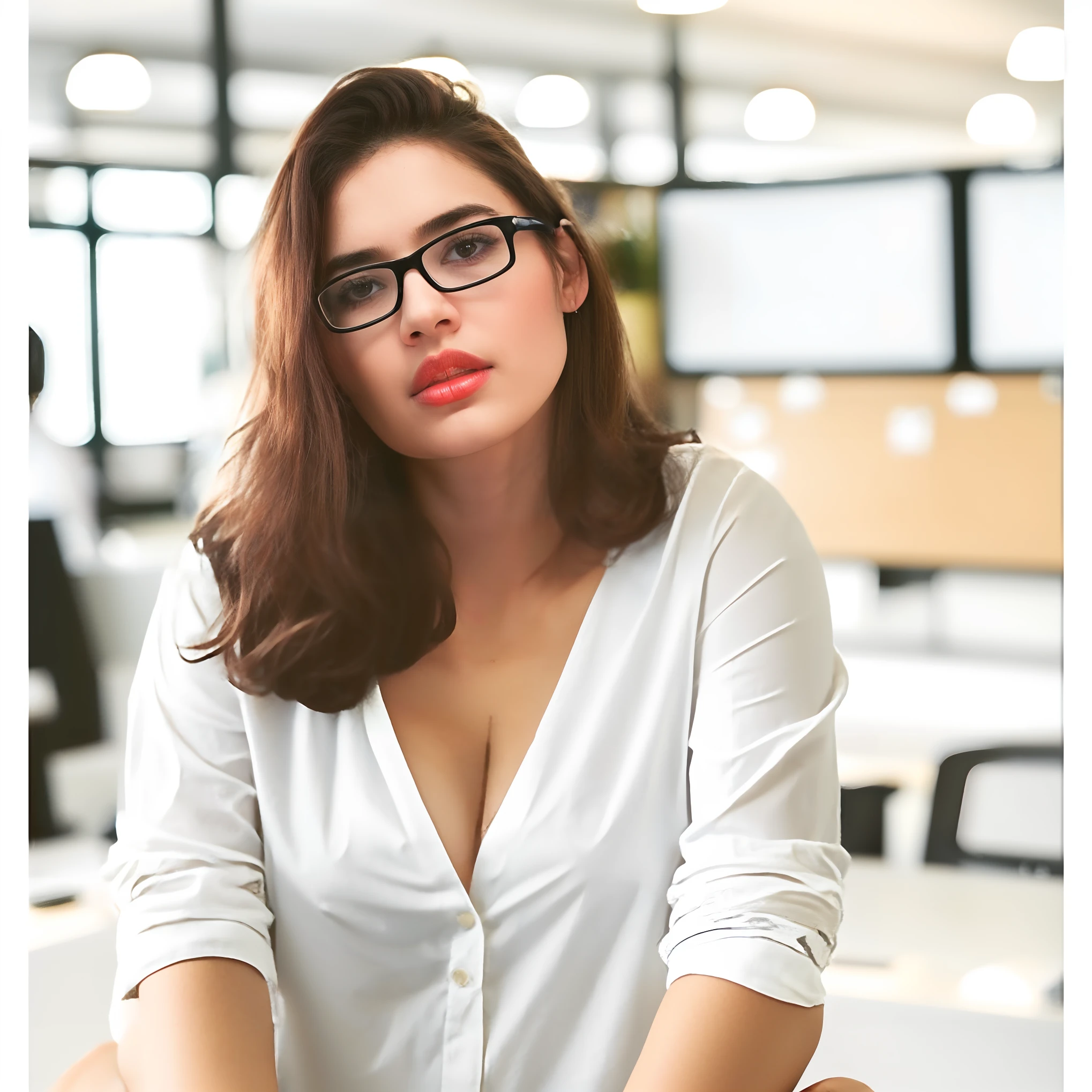 there is a woman sitting at a desk with a laptop, thick glasses, With eye Glasses, with glasses on, girl with glasses, olhar sedutoramente na frente, Anna Nikonova aka Newmilky, nerd, with square glasses, sexy gaze, Cara Sexy, white glasses, copos grandes, Blanca Alvarez, olhar sexy, Garota sexy, julia sarda, Ana Nikonova