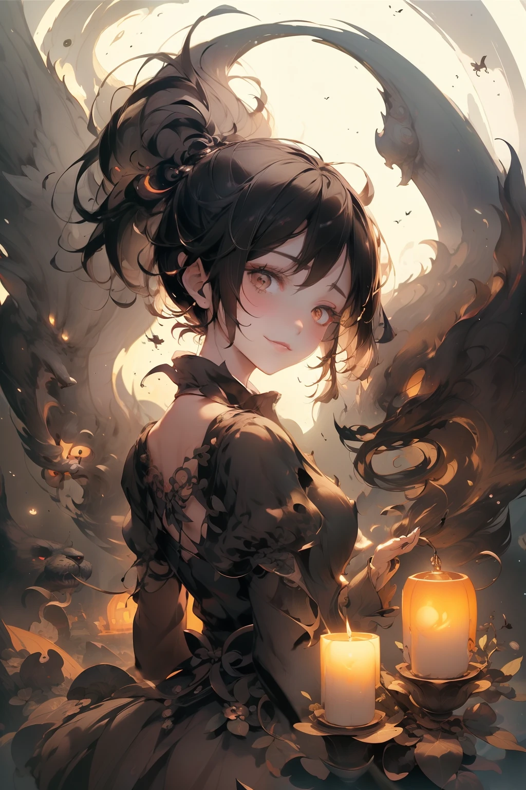 (best quality,4k,8k,highres,masterpiece:1.2),Blue short hair,brown eyes,looking up,upper body,Coraline,fan art,coraline fan art,Halloween,pumpkins,buttons,black cat in her back,spooky atmosphere,dark shadows,misty background,vibrant colors,magic in the air,captivating expression,fantasy elements,detailed background,curiosity in her eyes,glistening buttons,quirky and whimsical style,endearing smile, girl in the spotlight,fantastical imagination,enchanted garden,playful and mysterious,haunted house silhouette,wisps of smoke,moonlit night,heart-shaped key,enchanted world,sparkling eyes,flickering candlelight,mysterious creatures,surreal dreamscape,hidden secrets,intricate details,fantastic adventures,childhood wonderland,frozen moment in time,serene tranquility,spellbinding artistry,mesmerizing beauty,dreamlike setting,glimmering moonlight,enchanted forest,whispering winds,fairy tale inspiration.