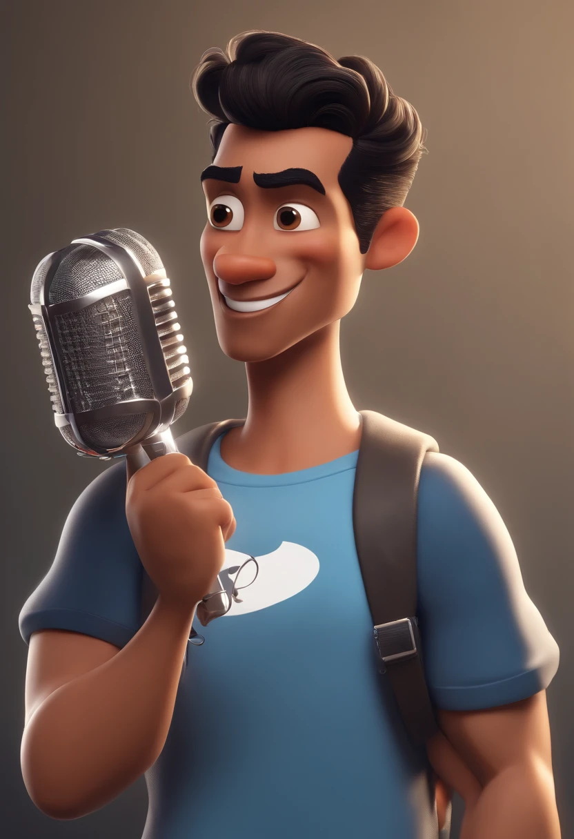 A Disney pixar character of a Man with short black hair, with brown eyes, drawn beard, blue and black t-shirt , wearing blue jeans pants and black and white nike dunk sneakers and holding a microphone in his hand and a mobile phone in other hand. animation character, Caractere estilizado, animation style rendering, 3D estilizado, Arnold Maya render, 3 d render stylized, toon render keyshot, Personagem 3D, Personagem 3D, 3d rendering stylized, 3d character render, personagem de desenho animado, Personagem de close up, Pose de personagem, (Estilo Pixar) (master part:1.2) (Bokeh) (best quality) (pele detalhada) (textura detalhada) (8k) (argila) (Cinematic lighting) (foco nítido