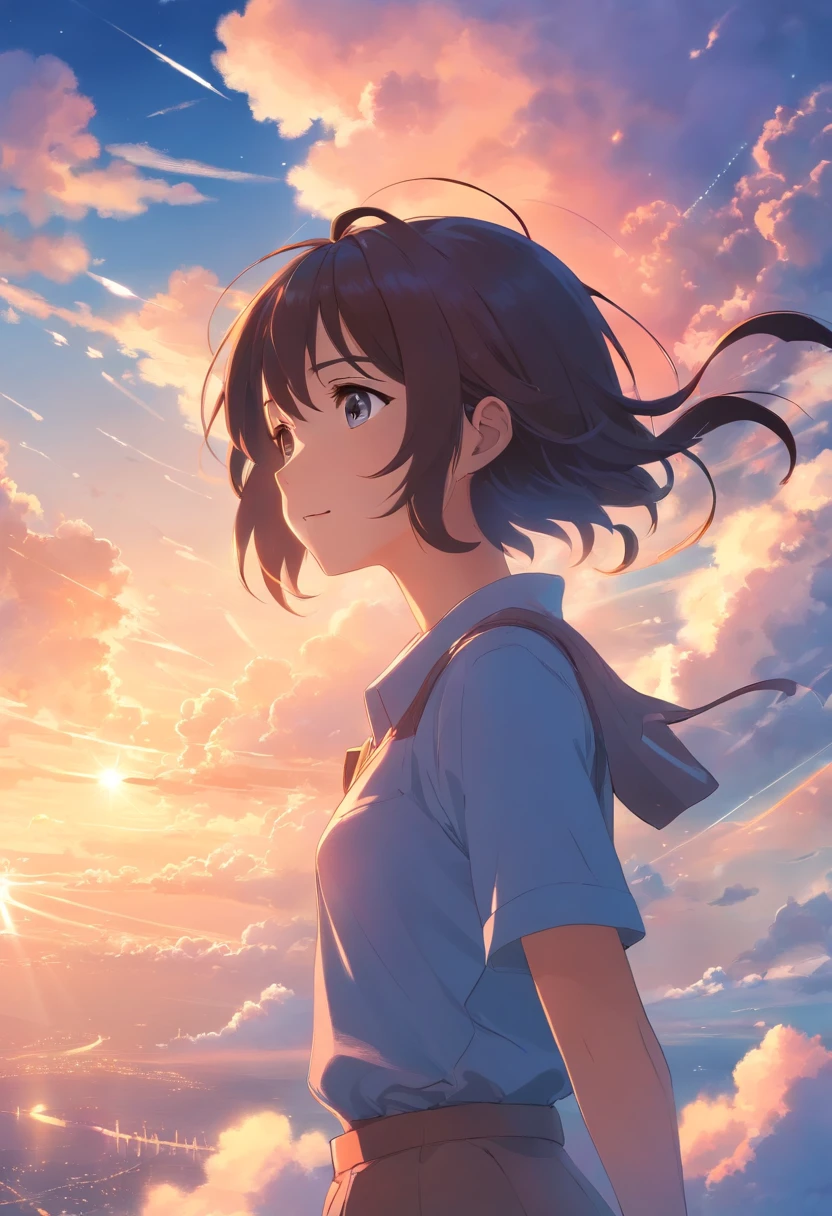 masterpiece, best quality, movie still, 1girl, cloud girl, floating in the sky, close-up, bright, happy, warm soft lighting, sunset, (sparks:0.7)