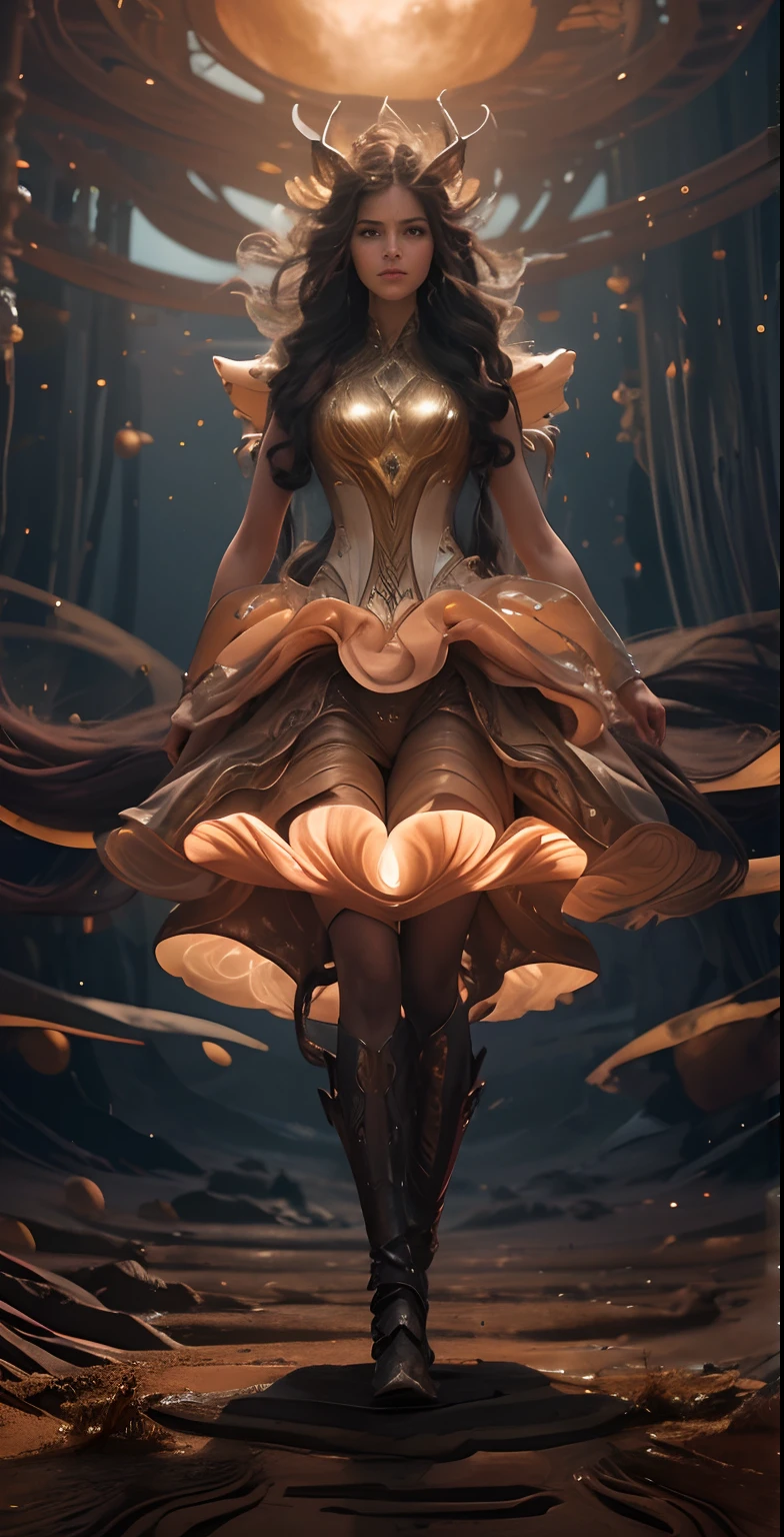 An extreamly beautiful female with long curly hair wearing elegant flowing garments, riding an alien horse like creature, A tiny figure rides, A Galvian stead, ((an alien horse-like creature with extreme long muzzle and neck, ridge disks along its back and spine and ridge gills along its neck, a flowing white tail)), A beautiful creature is seated upon the mount, beautiful flowing garments, a uniform of alien elegance an wear, lustrous flowing hair, beautiful features, air breathing technology, rides across the baren landscape of an alien world, dust blows across the desert in swirls of sorrow, bright orange and pinks of a setting alien moon, near dark, a Jovian world hangs in the furoin sky, she rides to the edge of the horizon, and to new tank city, photorealistic, hyperdetailed, sadness and forlorn, an ending, extreme long shot, vast distances, emptiness, 64k resolution