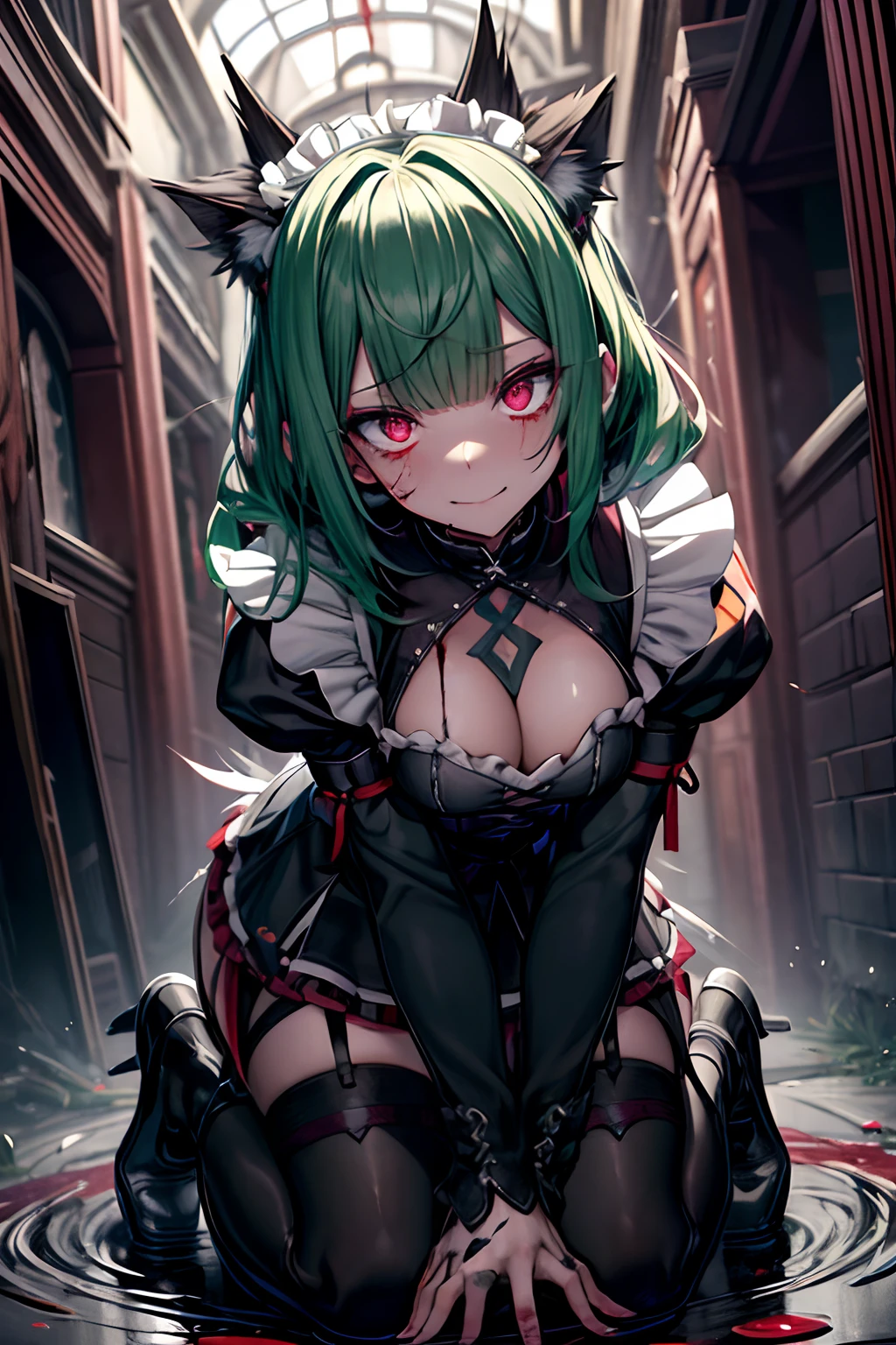 dutch angle、horor、in isekai、full body Esbian、crosses、Goth Punk、Longhaire、Twin-tailed、dishevled hair、long、Blunt bangs、Ahegao ( Silly / Sexual ecstasy)、dead body、Blood everywhere、blood splashing、dark hue、Red hue、maid、Green hair、