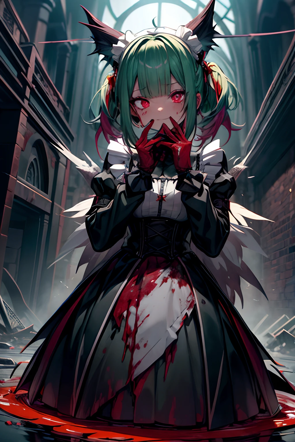 dutch angle、horor、in isekai、full body Esbian、crosses、Goth Punk、Longhaire、Twin-tailed、dishevled hair、long、Blunt bangs、Ahegao ( Silly / Sexual ecstasy)、dead body、Blood everywhere、blood splashing、dark hue、Red hue、maid、Green hair、