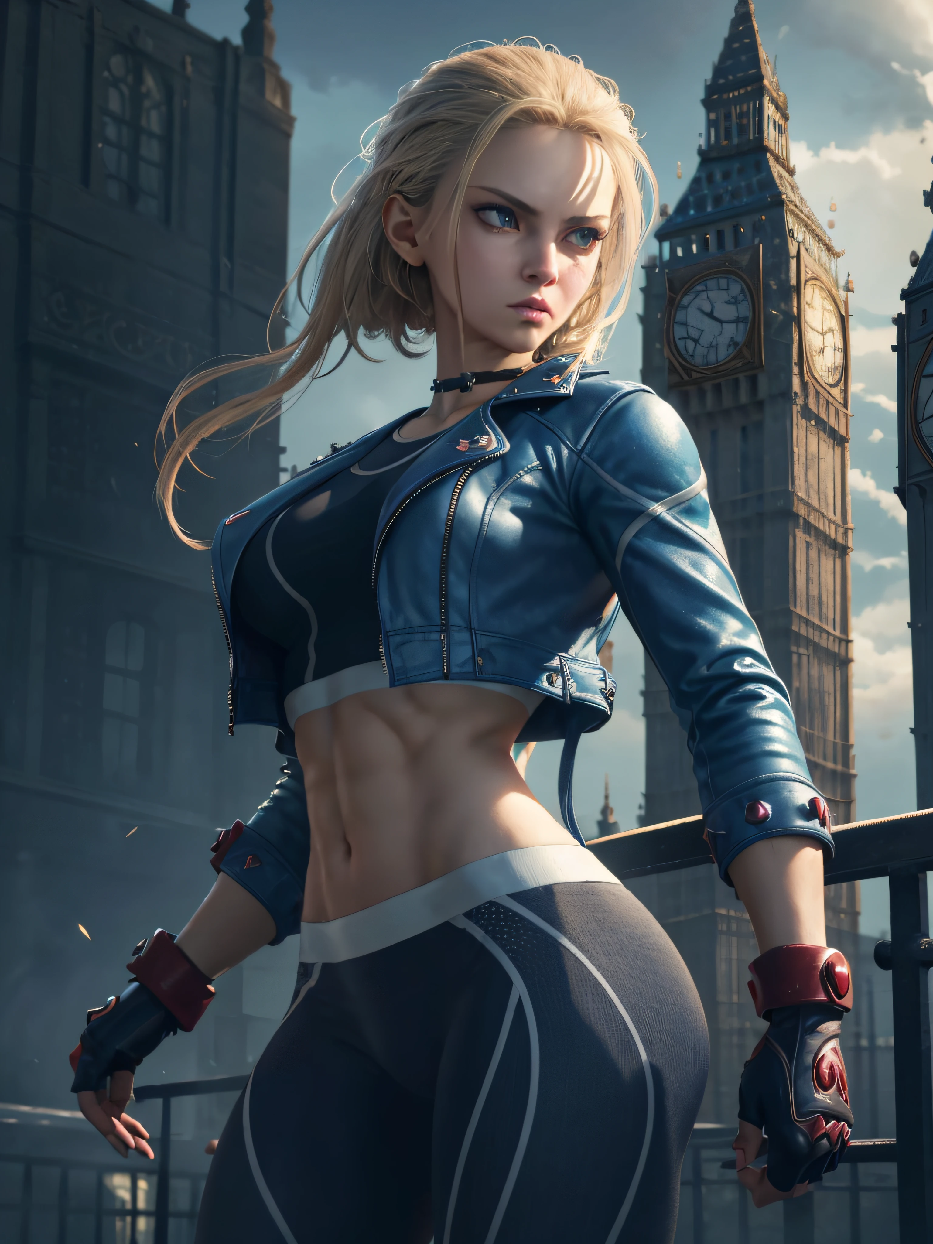 "(exquisitely detailed CG unity 8k wallpaper, masterpiece-quality with stunning realism), (best illumination, best shadow), (best quality), (elegant and demonic style:1.2), (closeup:1) Arti modern anime. angled view, heroic pose, closeup full body portrait medium shot of cammy, navy blue sports bra, light blue open jacket, navy blue yoga pants, red gloves, Abdominal muscle, muscles, (eyes looking at viewer:1.0), abs, depth of field blur effect, night, full zoom, action portrait, photorealistic. cinematic lighting, highly detailed. best quality, 4k, Better hand, perfect anatomy, leaning forward, foreshortening effects, (leaning forward:1) (cute coy flirty sexy expression), foreshortening effect, (piercing eyes:0.8), surrounded by an ominous and dark atmosphere, accentuated by dramatic and striking lighting, imbued with a sense of surreal fantasy", (mature:0.5) (in london city in the afternoon:1.5) (alone:1.5) (pretty cute face:1.3) (secret agent pose:1)