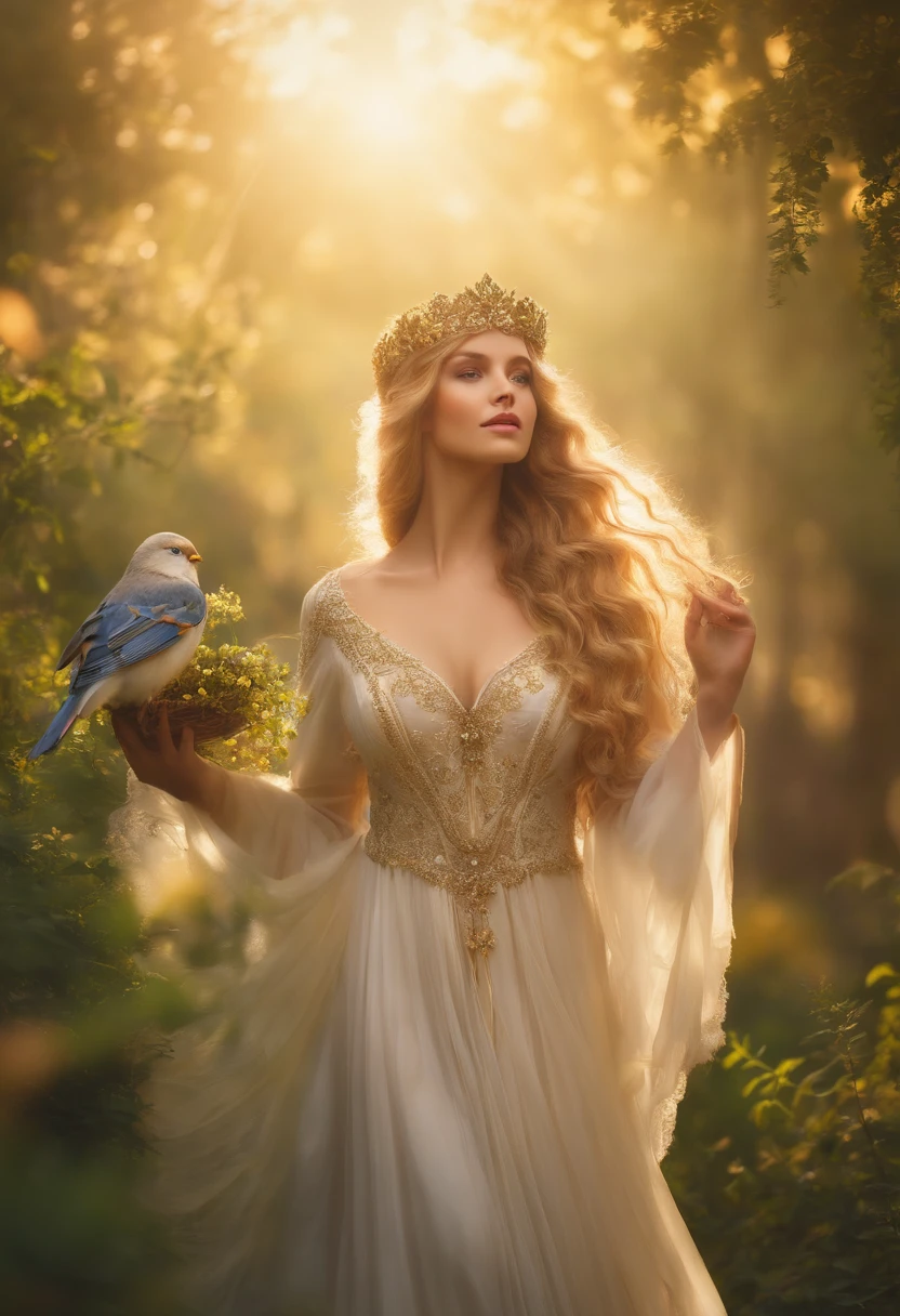 (best quality,highres),medieval woman,illustration,detailed eyes,detailed lips,flowing dress,golden hair,long curly hair,fair complexion,tall and slender,with a crown of flowers,standing in a lush green garden,soft sunlight streaming through the trees,golden hour lighting,morning mist,dew on the flowers,faint sound of birds chirping,vivid colors,realistic style,portrait.