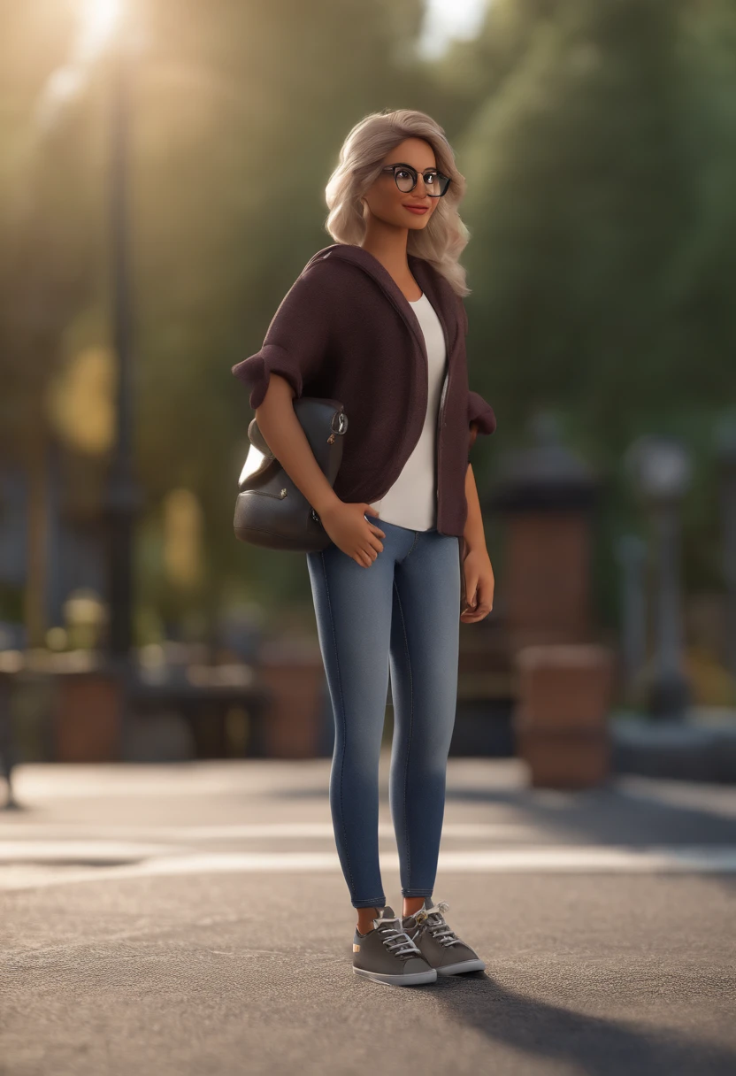 Menina, cabelos longos pretos, com franja, olhos castanhos escuros, with black eyeglasses, Jeans and black allstar Sneakers, vestindo uma camiseta com um gato desenhado nela, sentada no gramado personagem animado, Caractere estilizado, animation style rendering, 3D estilizado, Arnold Maya render, 3 d render stylized, toon render keyshot, Personagem 3D, Personagem 3D, 3d rendering stylized, 3 d character render, personagem de desenho animado, Personagem de close up, Pose de personagem, (Estilo Pixar) (master part:1.2) (Bokeh) (best quality) (pele detalhada) (textura detalhada) (8k) (argila) (Cinematic lighting) (foco nítido，Senta e vaza a parte superior do corpo