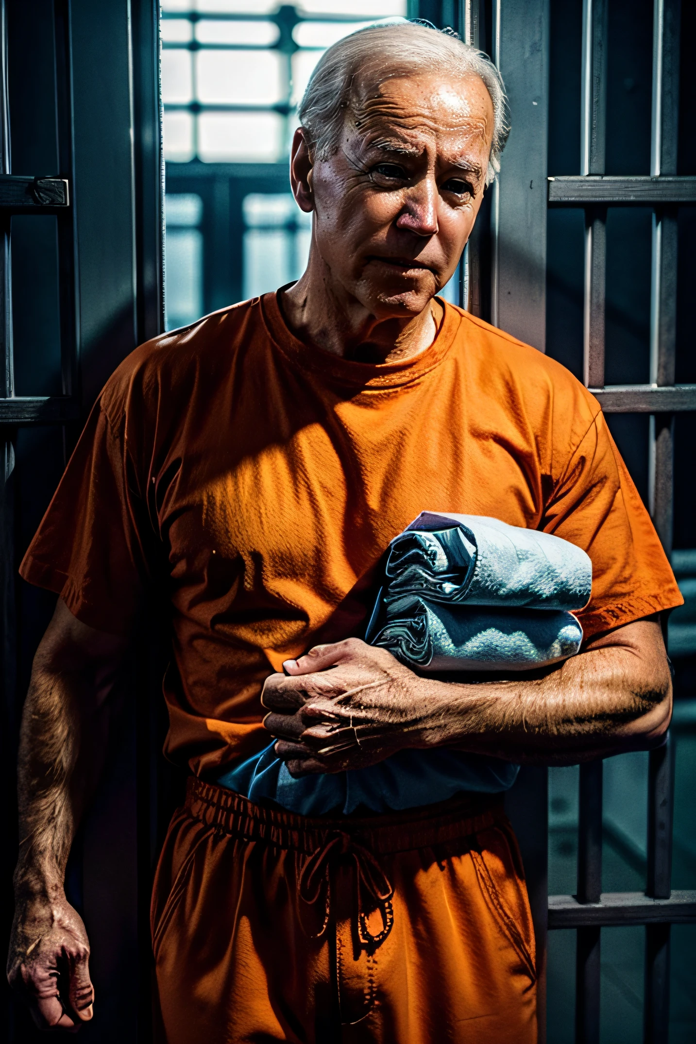 Photo of Joe Biden holding a pile of blankets in his arms, behind bars in prison with the cell door closing (prisoner clothes, orange shirt, orange pants: 1.3), (cell: 1.2), crying tears photorealistic cage, ultra realistic, Maximum details, Foreground focus, Instagram, 8k, Volumetric light, cinematic, Octane rendering, uplight, No blur, depth of field