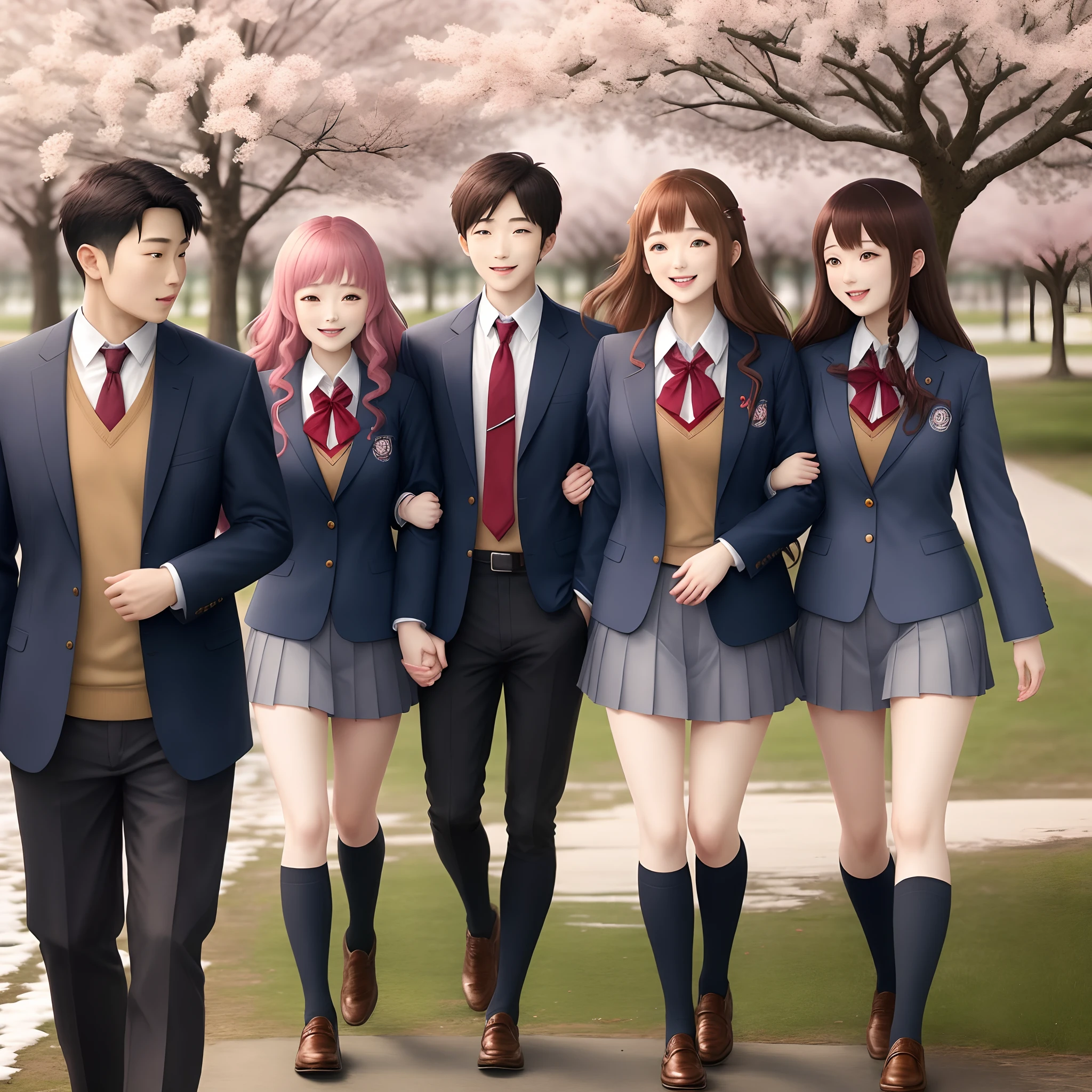 Three men and two women under a cherry tree in winter wearing anime school uniforms