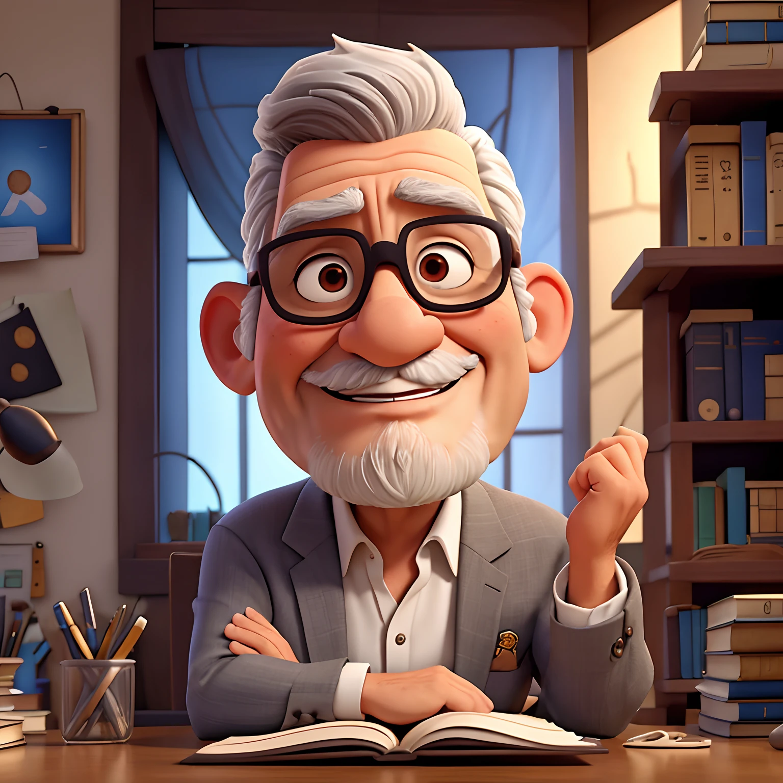 velho, inspirado na Disney Pixar, Inspirado pelo pastor ( Rubens Janeiro ) A gray-haired man wearing glasses in an office with a book on the table looking to the serious future, old man, cabelos grisalhos, um terno