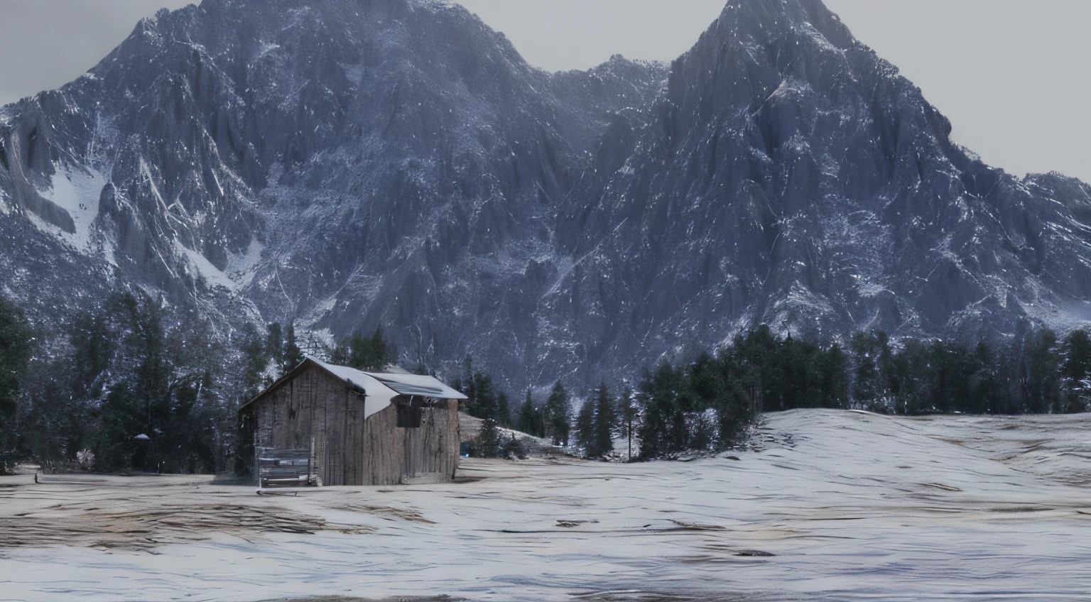 Snowy mountain with a small hut in the foreground, rendered in unreal 5, With a snowy mountain and ice, Beautiful visualization of the landscape, Snowy mountain landscape, snow mountain, Matte painting with 3D rendering, rendered in Enscape, Rendered in Cryengine, Рендеринг в Unreal Engine 3D, in the snow mountains, 3D rendering and matte painting, Wooden hut in the distance