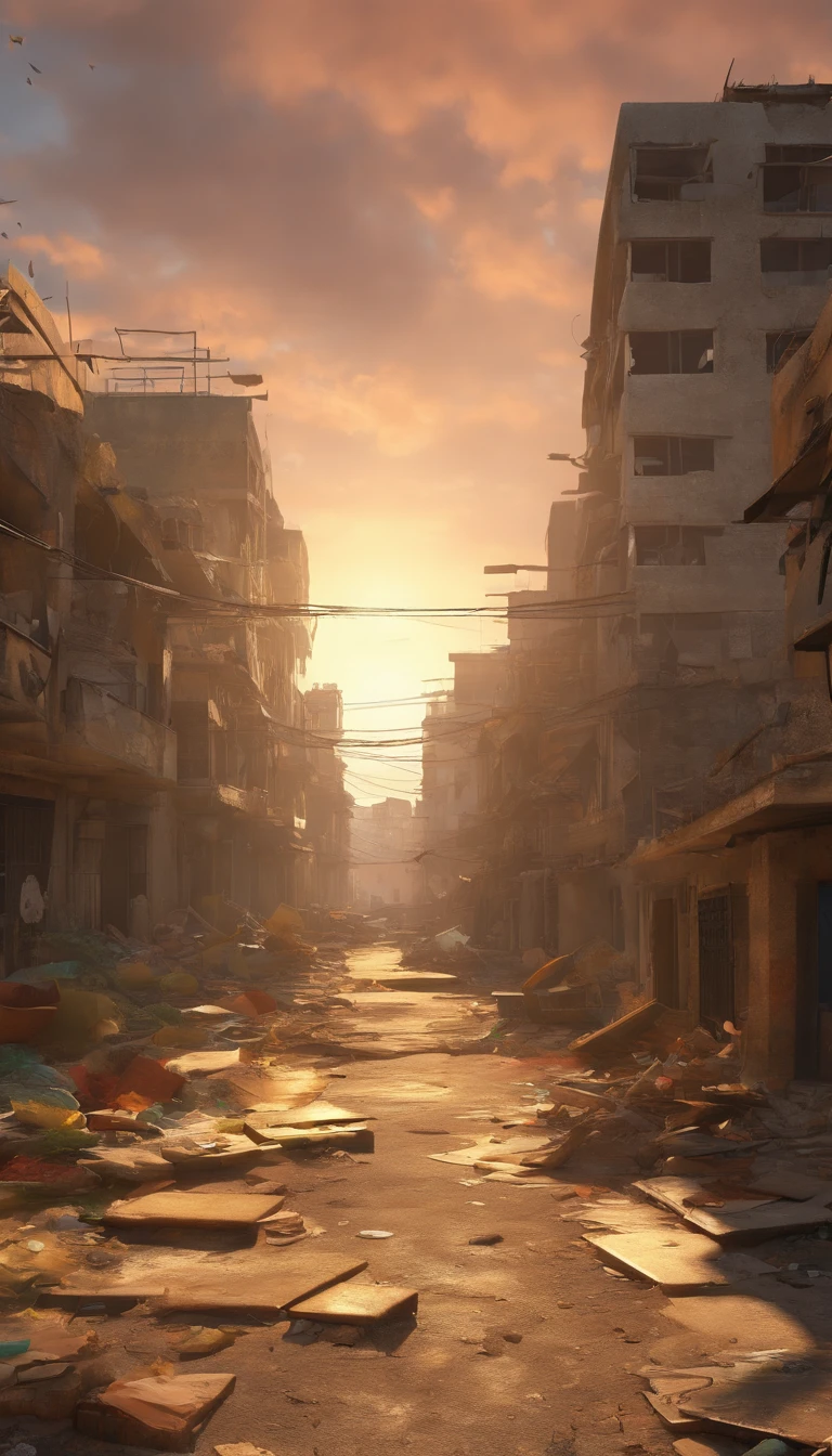 (best quality,4k,8k,highres,masterpiece:1.2),ultra-detailed,(realistic,photorealistic,photo-realistic:1.37),destroyed abandoned city in Palestine,kids hugging watermelon,war-torn buildings,crumbling infrastructure,dust-covered streets,barren landscapes,devastated homes,overgrown vegetation,shattered glass,desolate atmosphere,ruined playgrounds,dilapidated walls,faded graffiti,signs of conflict and destruction,iconic landmarks in ruins,collapsed bridges,heavily damaged streets,kids wearing worn-out clothes,survival amidst chaos,determined looks on their faces,broken toys scattered on the ground,sunlight casting long shadows,desperation mixed with hope,collective resilience,decayed color palette,subtle hints of sunlight breaking through the clouds,rays of light illuminating the scene,warm and melancholic color tones,dusty and foggy ambiance,soft golden hour lighting,serene and haunting atmosphere