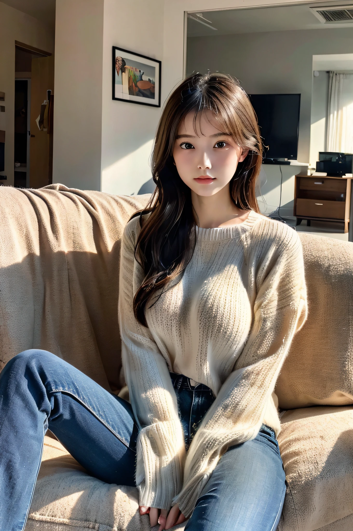 20-year-old, 1 girl, medium breasts, jeans, sweater, no makeup, indoor living room scene, sitting, reading, far away, facing away