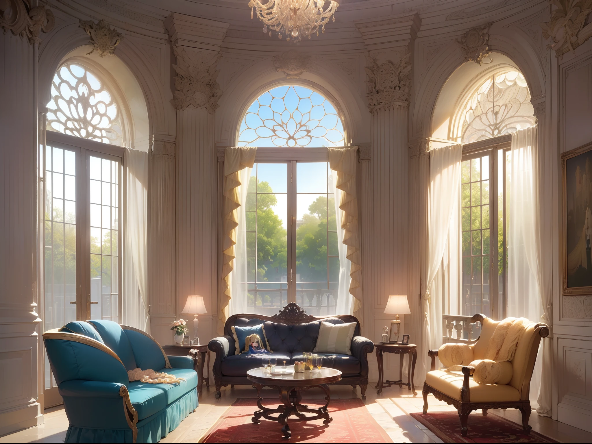 ((masutepiece)),(超A high resolution),(ultra-detailliert),Anime at its best,(Intricate and detailed palace gardens:1.4,Parti), ((femele),(Blonde hair with longitudinal rolls at the ends:1.4))