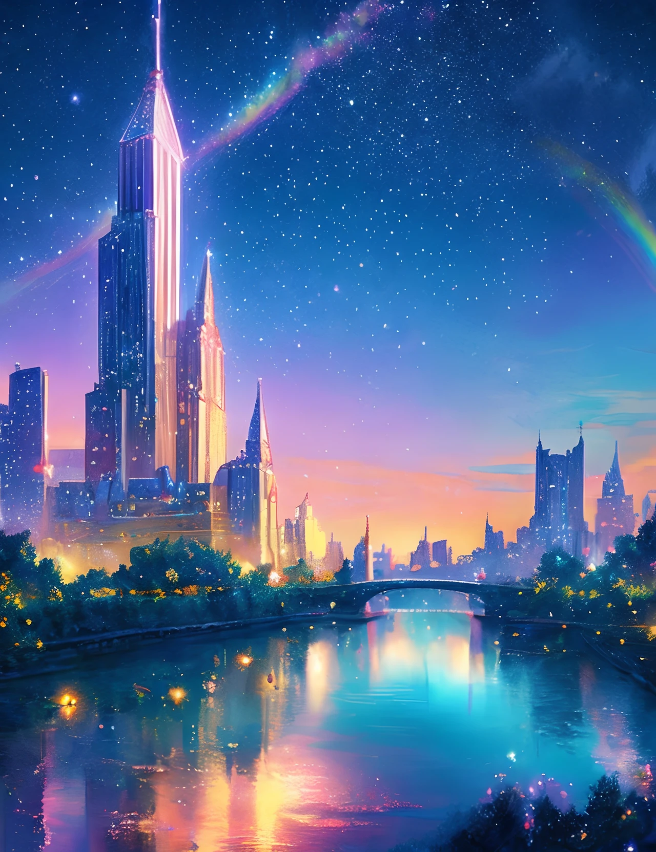Metropolitan Areas、Colorful Metropolitan Museum of Art、River painting with stars and moon in rainbow sky、the met、Shining skyscrapers、Shine across the board、Skyscrapers、Concept art inspired by Mitsuoki Tosa、pixiv contest winners、top-quality、Fantasyart、beautiful anime scene、Bright moon、Moonlit star environment、Dream painting、Anime Background Art、Fantasy landscape art、fantasy knight、anime backgrounds、background artwork、Fantastic art、atmospheric anime、starrysky、Detail has been enhanced。