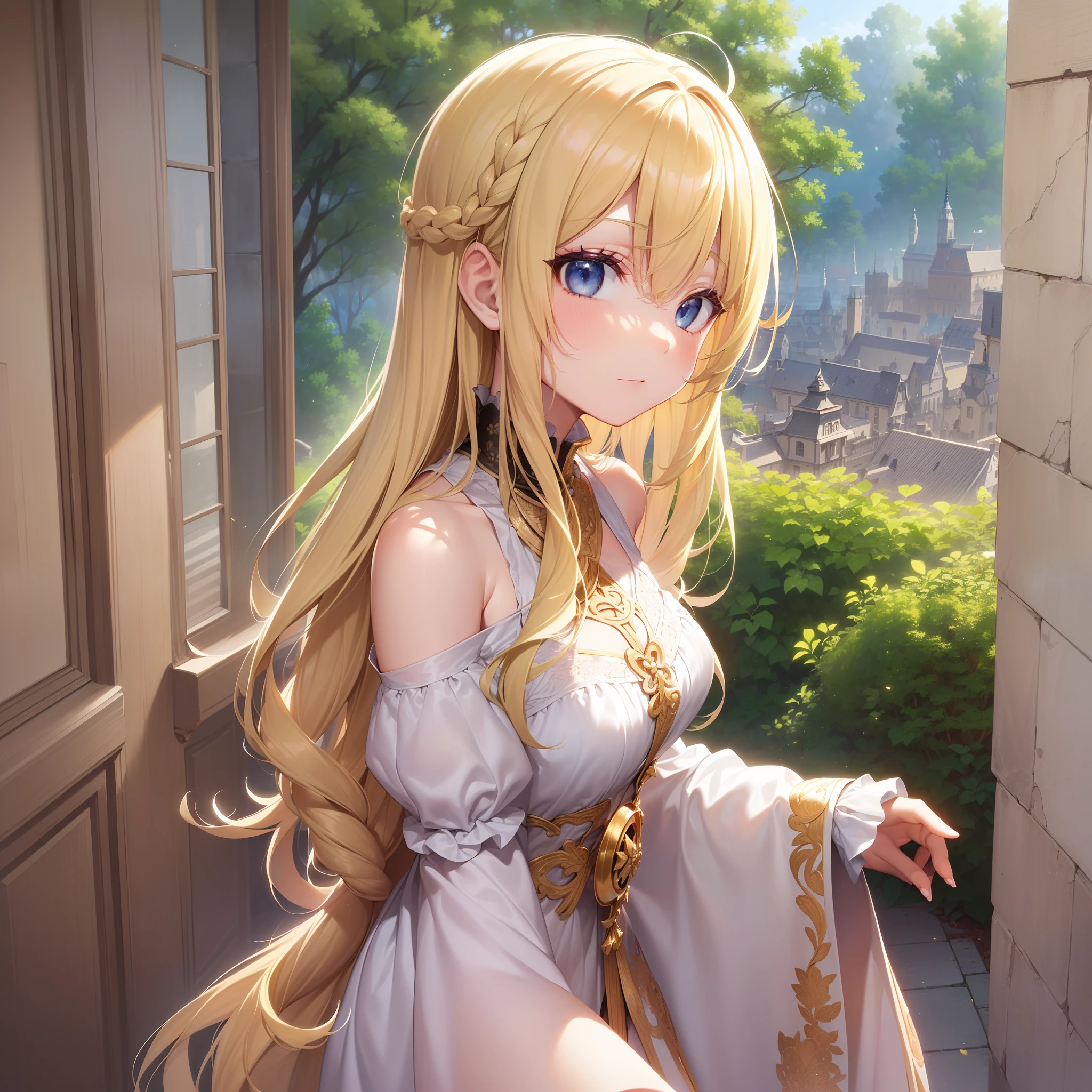 ((masutepiece)),(超A high resolution),(ultra-detailliert),Anime at its best,(Intricate and detailed palace gardens:1.4,Parti), ((femele),(Blonde hair with longitudinal rolls at the ends:1.4))