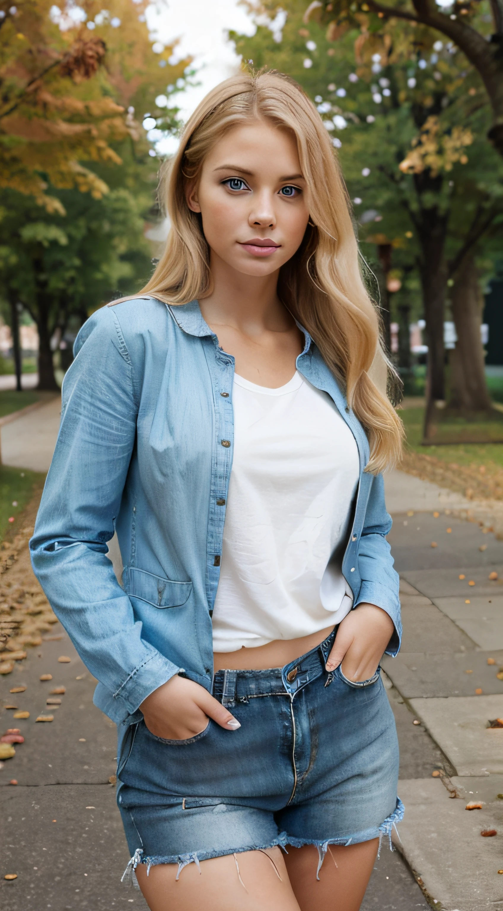 a photo realistic beautiful 26 years old model woman with blonde hair and blue eyes, cute and innocent. Clothed with classy autumn clothes, at the university
