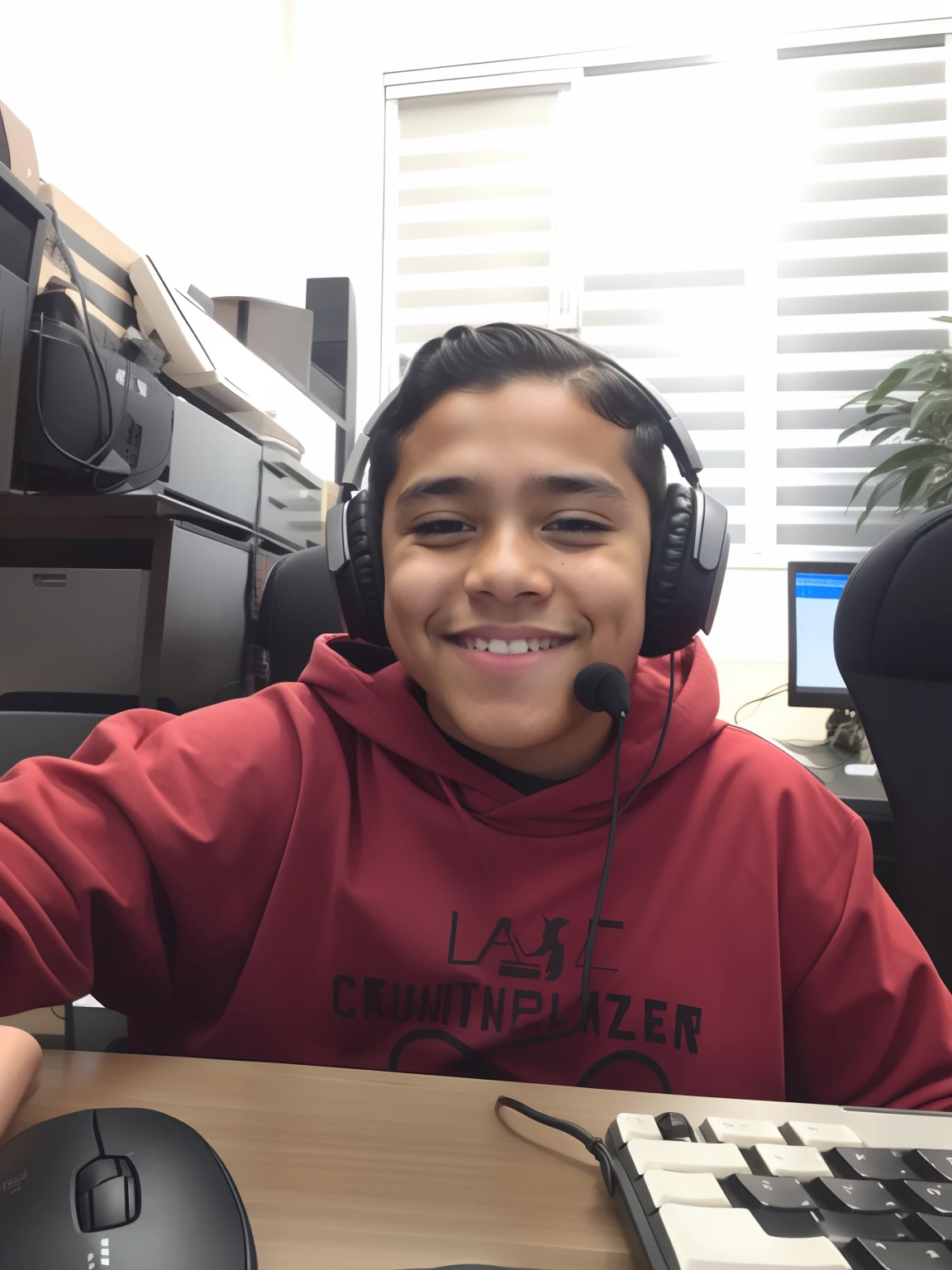 There's a boy wearing headphones sitting at a desk with a beige and black keyboard with a mouse next to him, com cabelo curto penteado para o lado