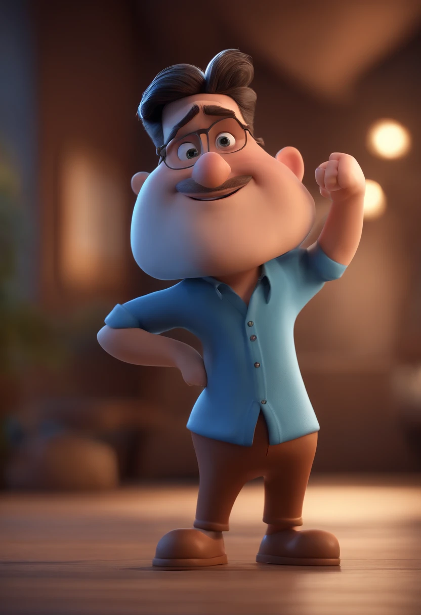 Cartoon character of a man with black glasses and a blue shirt, animation character, Caractere estilizado, animation style rendering, 3D estilizado, Arnold Maya render, 3 d render stylized, toon render keyshot, Personagem 3D, Personagem 3D, 3d rendering stylized, 3 d character render, personagem de desenho animado, Personagem de close up, Pose de personagem,  (Estilo Pixar) (master part:1.2) (Bokeh) (best quality) (pele detalhada) (textura detalhada) (8k) (argila) (Cinematic lighting) (foco nítido