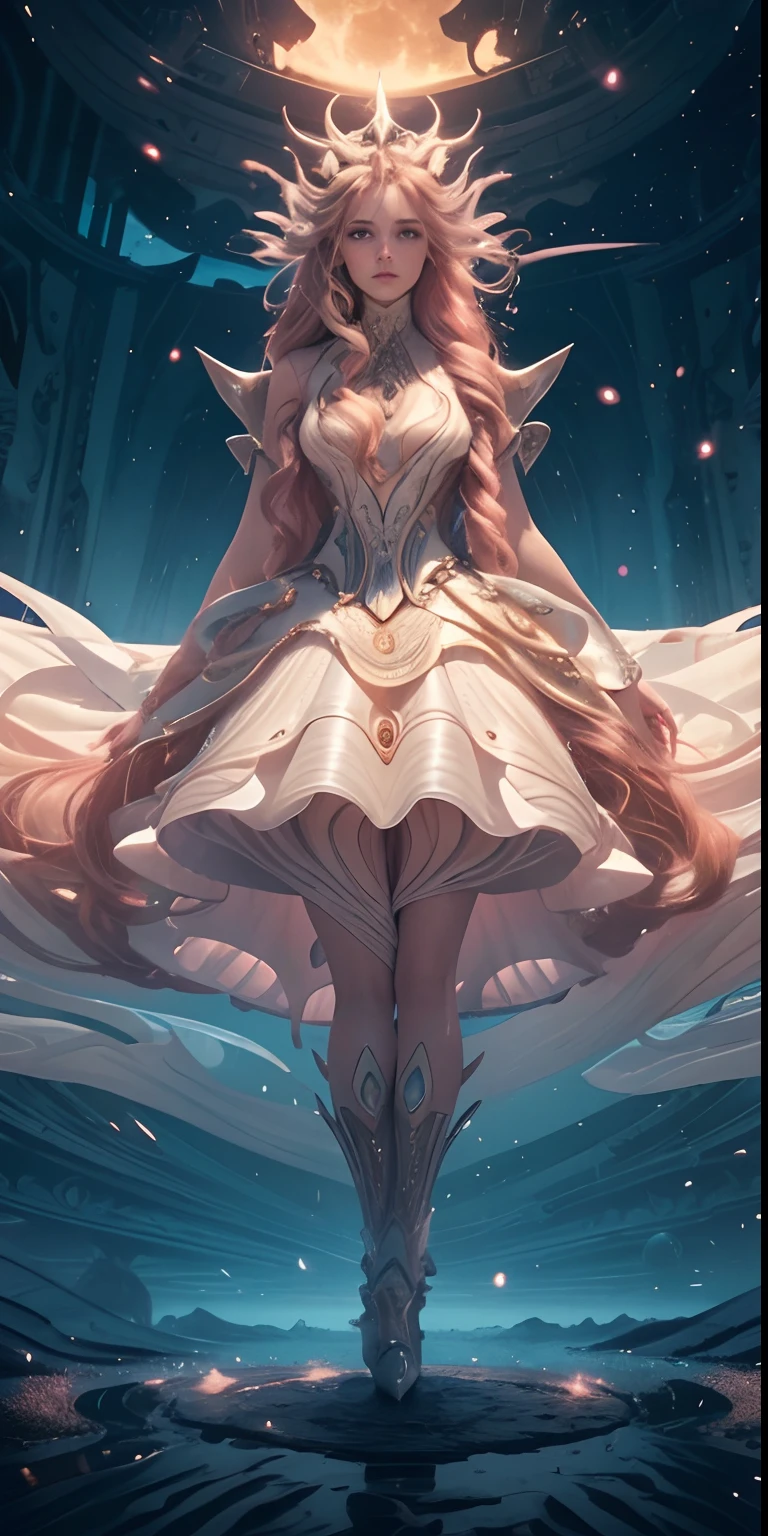 An extreamly beautiful female with long curly hair wearing elegant flowing garments, riding an alien horse like creature, A tiny figure rides, A Galvian stead, ((an alien horse-like creature with extreme long muzzle and neck, ridge disks along its back and spine and ridge gills along its neck, a flowing white tail)), A beautiful creature is seated upon the mount, beautiful flowing garments, a uniform of alien elegance an wear, lustrous flowing hair, beautiful features, air breathing technology, rides across the baren landscape of an alien world, dust blows across the desert in swirls of sorrow, bright orange and pinks of a setting alien moon, near dark, a Jovian world hangs in the furoin sky, she rides to the edge of the horizon, and to new tank city, photorealistic, hyperdetailed, sadness and forlorn, an ending, extreme long shot, vast distances, emptiness, 64k resolution
