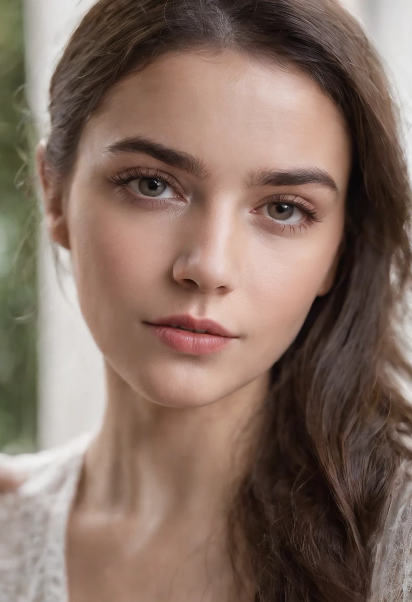 A close-up portrait of a 20-year-old brunette girl with a white background in neutral tones, labios rojos y ojos azules, los rayos deben resaltar los detalles, especialmente alrededor de los ojos y los labios. El cabello debe verse natural, suelto y ligeramente peinado, The facial expression should be released and the confident image should capture a soft and serene environment with the focus, predominantemente en la cara del sujeto y el cabello.