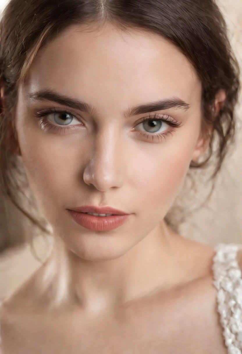 A close-up portrait of a 20-year-old brunette girl with a white background in neutral tones, labios rojos y ojos azules, los rayos deben resaltar los detalles, especialmente alrededor de los ojos y los labios. El cabello debe verse natural, suelto y ligeramente peinado, The facial expression should be released and the confident image should capture a soft and serene environment with the focus, predominantemente en la cara del sujeto y el cabello.