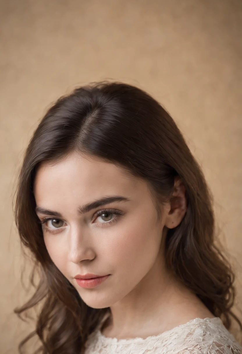 A close-up portrait of a 20-year-old brunette girl with a white background in neutral tones, labios rojos y ojos azules, los rayos deben resaltar los detalles, especialmente alrededor de los ojos y los labios. El cabello debe verse natural, suelto y ligeramente peinado, The facial expression should be released and the confident image should capture a soft and serene environment with the focus, predominantemente en la cara del sujeto y el cabello.