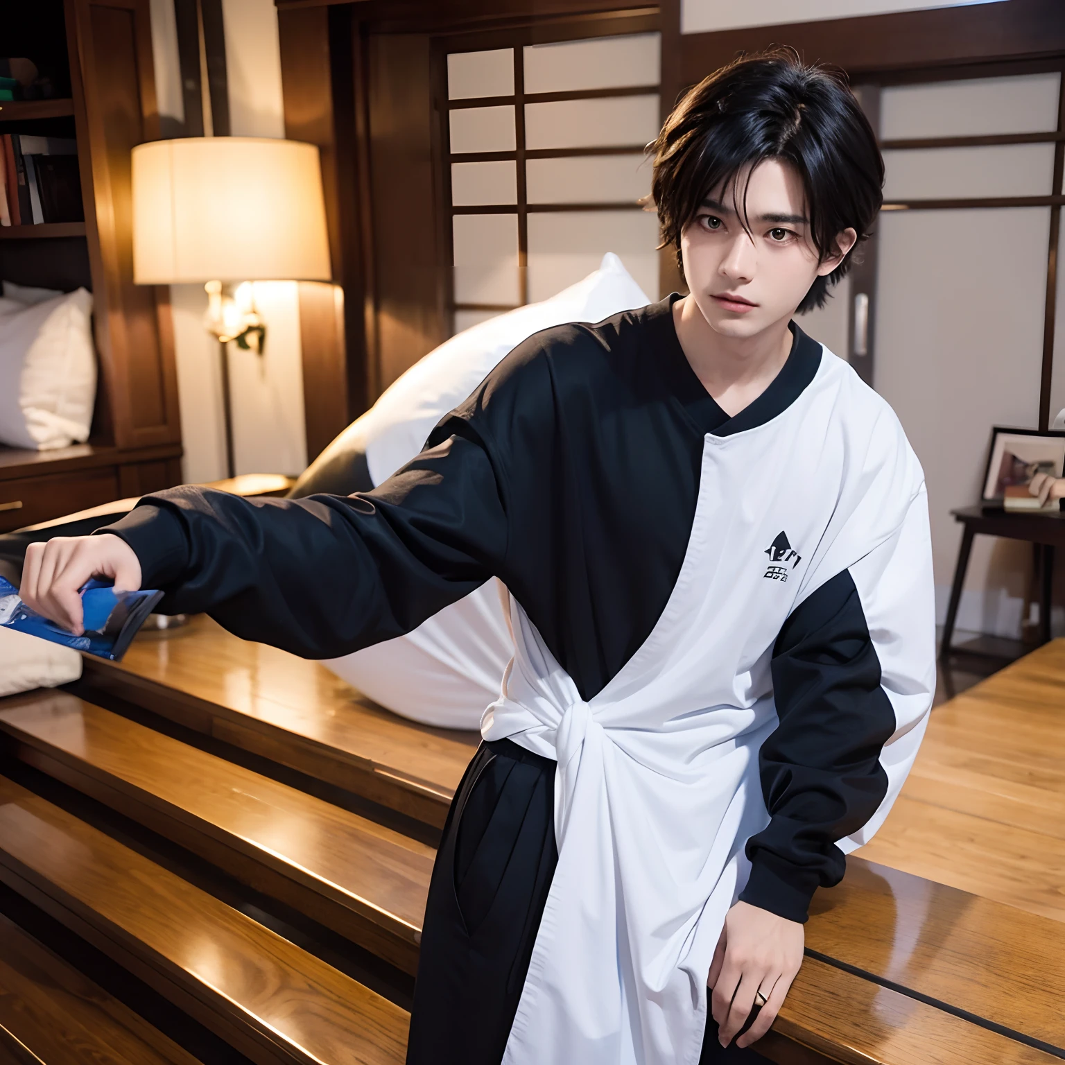 16-year-old boy with short black hair，Wear a Japanese-style school uniform，Height 180，Have a smile on your face。