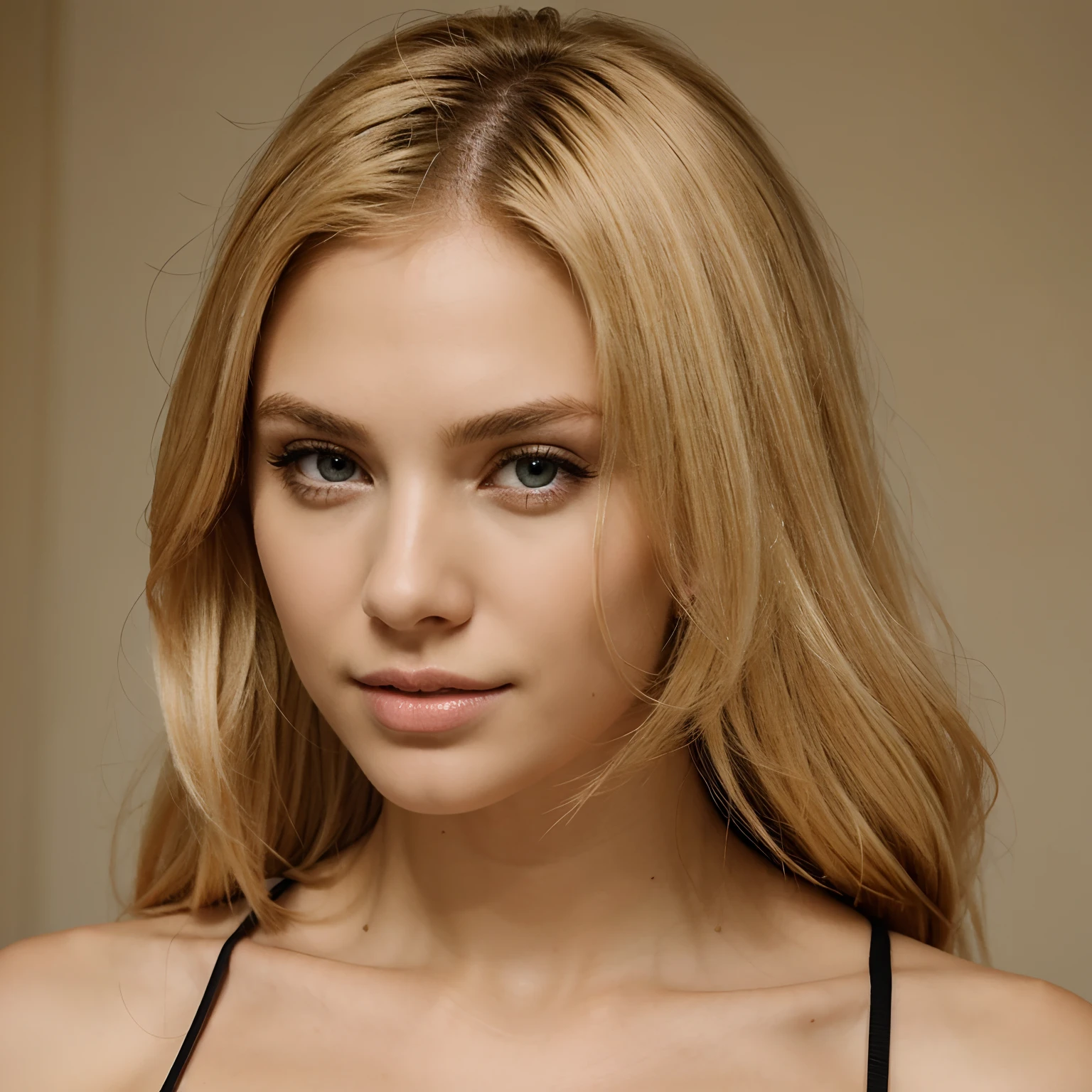 Eine Nahaufnahme einer blonden Frau, sie ist ein Model. A photorealistic portrait of a 27-year-old beautiful woman, voluminöses blondes Hair, wallendes blondes Haar, that falls over the shoulders, lange blonde Haare. Her realistic face is the focus of this close-up and has highly pronounced cheekbones, beautiful contours. Her flawless features are seductive, captivating and beautiful and realistic. This digital artwork aims to depict the beauty of a blonde woman. Their attraction is seductive. Ihre Augen sind kristallklar und blau, ziehen jeden in den Bann und haben einen tiefen Blick, the eyes are beautiful, lifelike and seductive. In ihrem Gesicht erkennt man junge, weiche Haut, leichtes Make-up und detaillierte Augen. Die Nahaufnahme hat eine lebensechte Textur, feine Details, Blick auf den Betrachter, hight resolution, good quality, scharfen Fokus, filmische Beleuchtung.