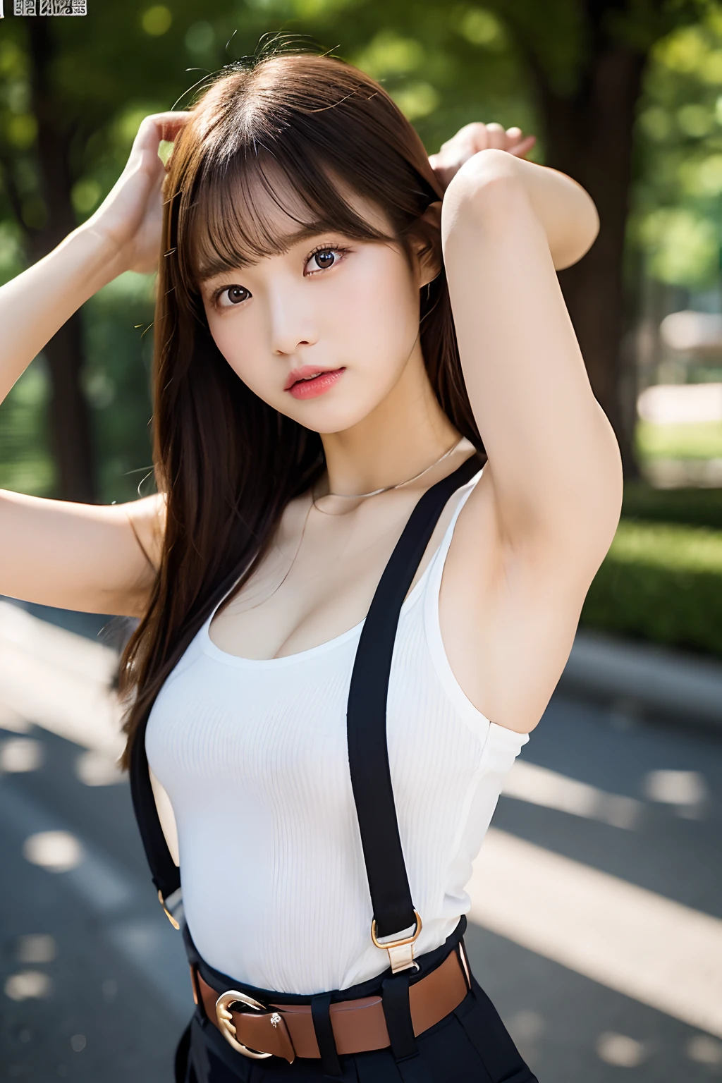 masterpiece、flat-colors、depth of fields、lens flare 1 girl、、Brown hair、watching at viewers a belt black suspenders large full breasts Armpit sweat perspiring Side of both hands walls: Black pants, Gaze Small face Bangs Upper Eyes flank