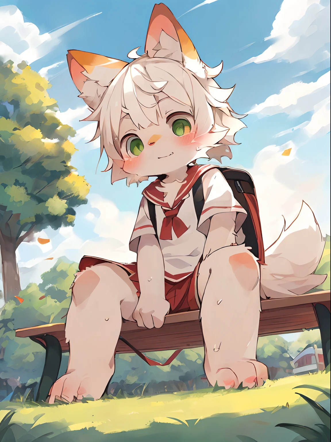 masutepiece, High quality, Absurd resolution, Digital Painting \ (The artwork \), By Dagasi, yupa, Kiyosan, (fluffy fur, White fur, Full body fur,), Male ,独奏,One subject, Green eyes, White hair,Carrying a red school bag,Ears lowered,kawaii,Sweating,a sailor suit, a miniskirt,Bare legged, Bright eyes, the panorama, Character Focus. Detailed background, cloud background,a park,Bench under the tree ,sitting on,Angle from below