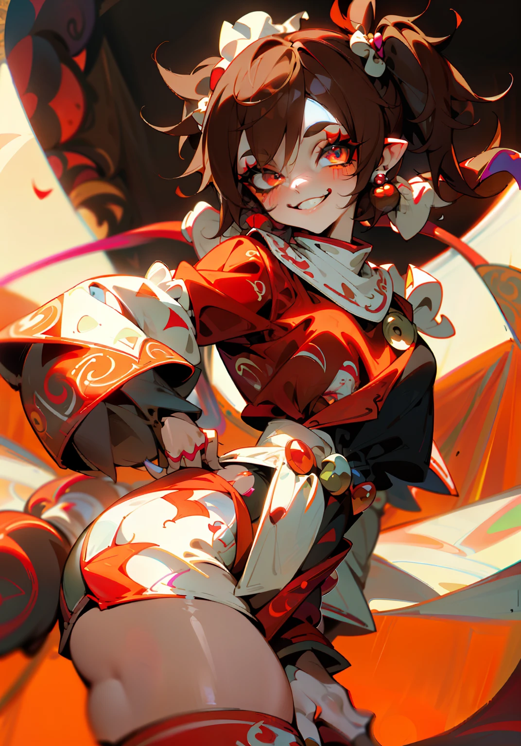1GIRL, insane clown girl, laughing hesterically, sharp big smiling teeth, bomb, finely detailed, (best quality), (intricate details), cute style, li, jester style, multicolored, circus background with red curtains, place on fire hell, ((long brown hair in pigtails)), best quality, ((long sleeve shirt and shorts)), ((red and white clothes)), ((jester style clothes)), ((thigh high socks)), ((round eyes)), ((has jester makeup)), beautiful face, happy, cute face, pinup, perfect face, simple background portrait