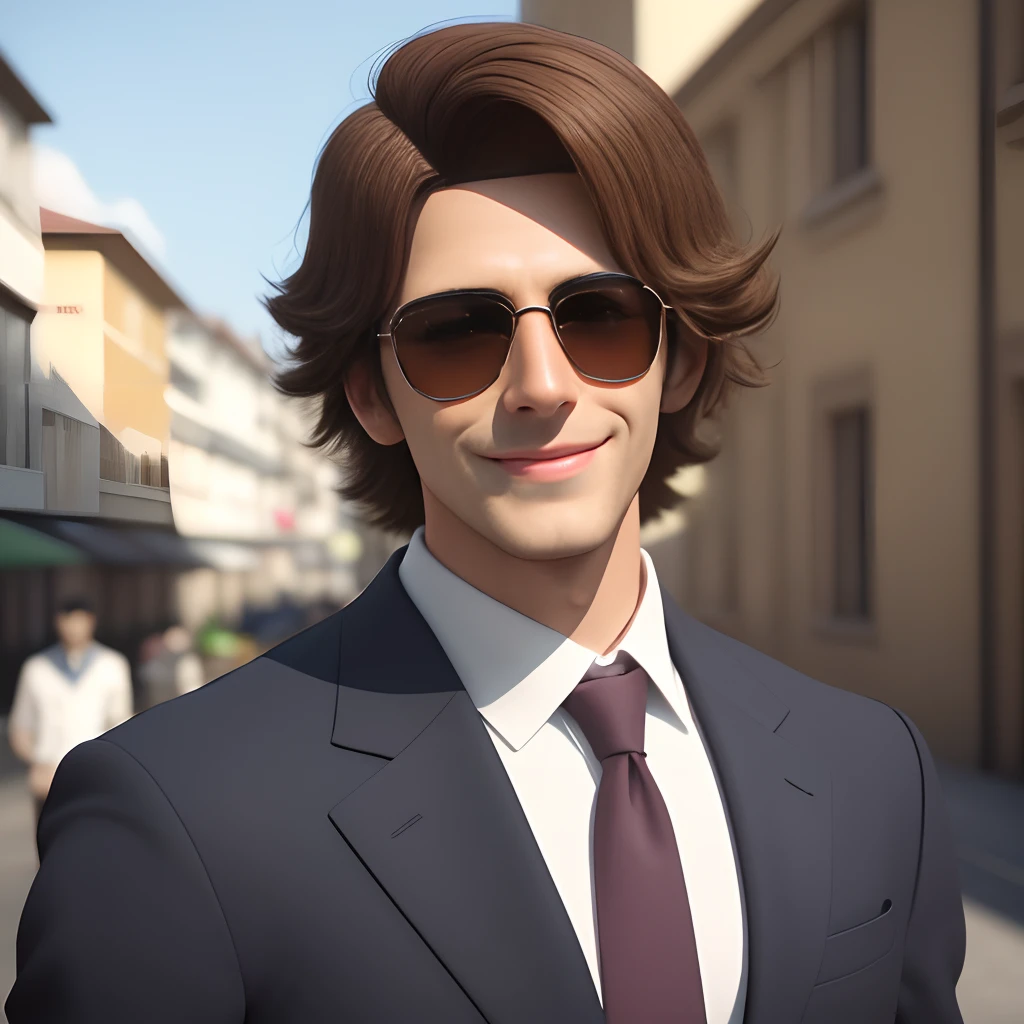 The unusual aspect of this image is that the man is wearing a suit jacket and tie, But he ain't wearing a shirt. This is an unconventional and unexpected combination of clothes, como normalmente se esperaria que uma camisa fosse usada por baixo de uma jaqueta de terno e gravata. The man's smile and the fact that he is wearing sunglasses add to the peculiarity of the scene.
generates this image in the style of 3D Pixa animation
