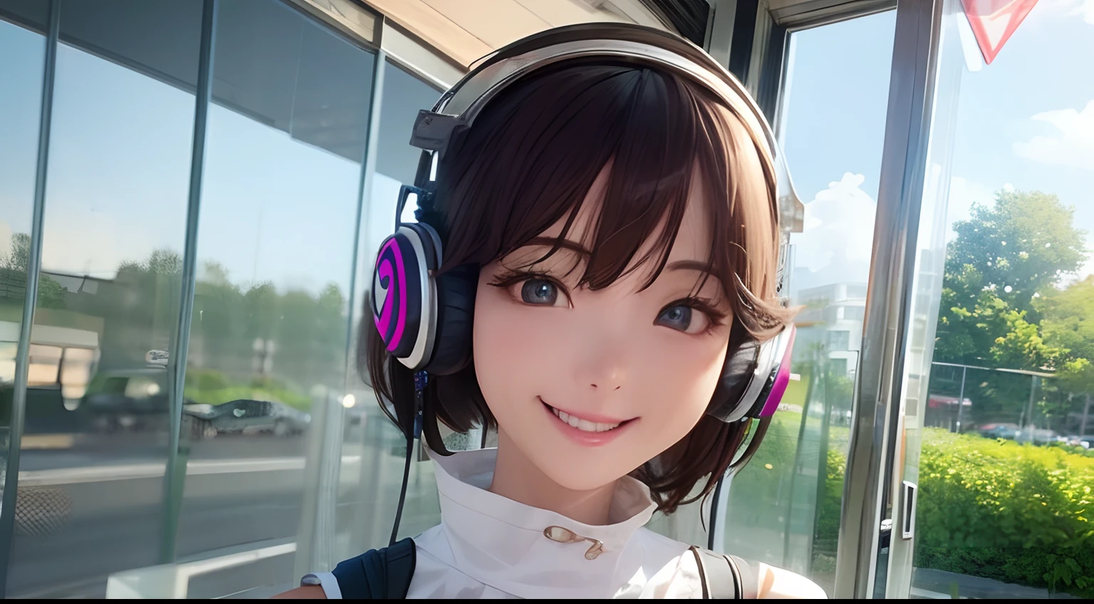 A girl with a beautiful smile with headphones music, Directed by: Tran Ross, Tran Ross style, Tran Ross 8 K, Tran Ross!!!, inspired by Tran Ross, No style Tran Ross, Loish e Tran Ross, Artgerm. anime illustration, Estilo Artgerm, com fones de ouvido, Directed by: Lois van Baarle, Artgerm e Atey Ghailan