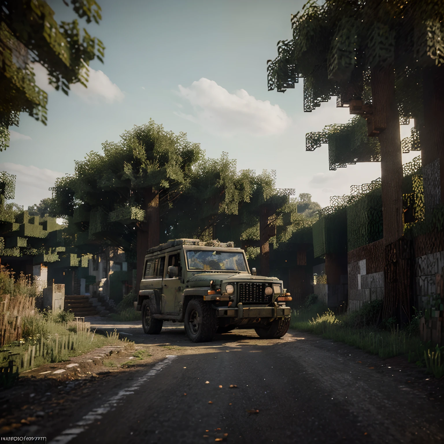 (best quality,highres,masterpiece:1.2),ultra-detailed,realistic:1.37,photography,jeep,1950s,black,street,off-road vehicle,nature,forest,muddy road,earth road,minimalist style,mixed with Minecraft style,retro,vintage,classic car,old-fashioned,aged,weathered, vintage car, parked,still,stagnant,dirt road,moody atmosphere,dim lighting,shadows,texture,gritty-details,photorealistic(minecraft style),pixelated effect,blocky,low-poly,high contrast,perspective,angle,composition,trees,foliage,leaves,greenery,white clouds in the sky