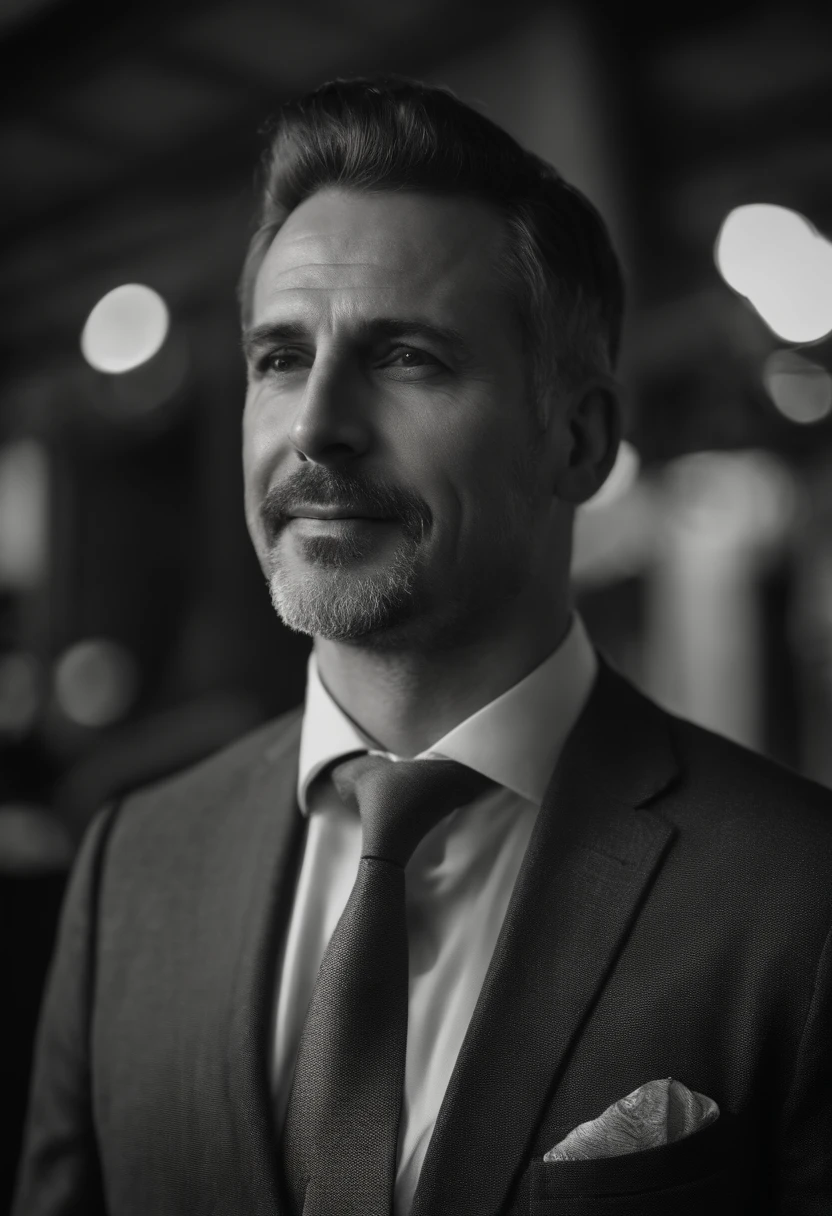 Realistic image of middle-aged business professional, 110 libras de peso, profissionalmente vestido com terno e gravata, alta qualidade, highest resolution, looking straight at the camera, profissional, belos olhos detalhados ligeiramente acastanhados, beautiful detailed lips, barba curta, cabelos grisalhos curtos, kind expression, sorriso quente, olhar diferenciado, Adequate lighting, fundo liso, sem efeito retrato.