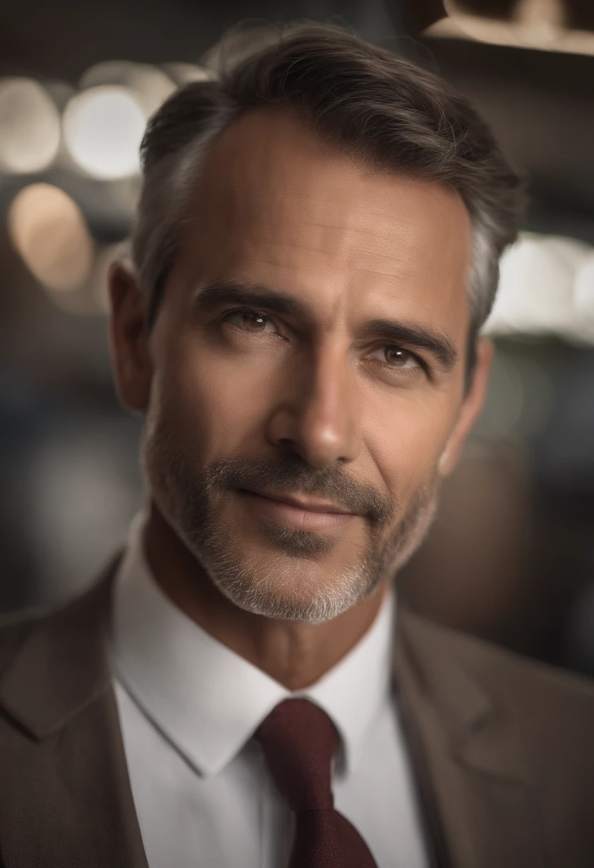 Realistic image of middle-aged business professional, 110 libras de peso, profissionalmente vestido com terno e gravata, alta qualidade, highest resolution, looking straight at the camera, profissional, belos olhos detalhados ligeiramente acastanhados, beautiful detailed lips, barba curta, cabelos grisalhos curtos, kind expression, sorriso quente, olhar diferenciado, Adequate lighting, fundo liso, sem efeito retrato.