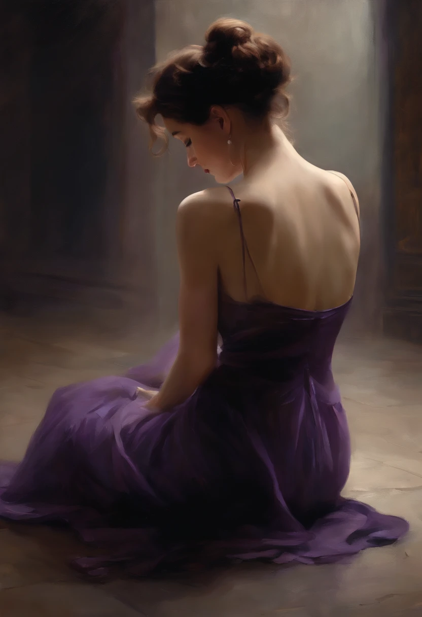 Artistic painting of a woman sitting on her knees, her back bare. Short hair that tends to be purple or something similar adds a touch of uniqueness and beauty. Next to her is another version of the same woman, gently bringing her, while in the background another person can be seen fidgeting in pain and tension. This scene combines strength, weakness, and conflicting emotions at the same time.”